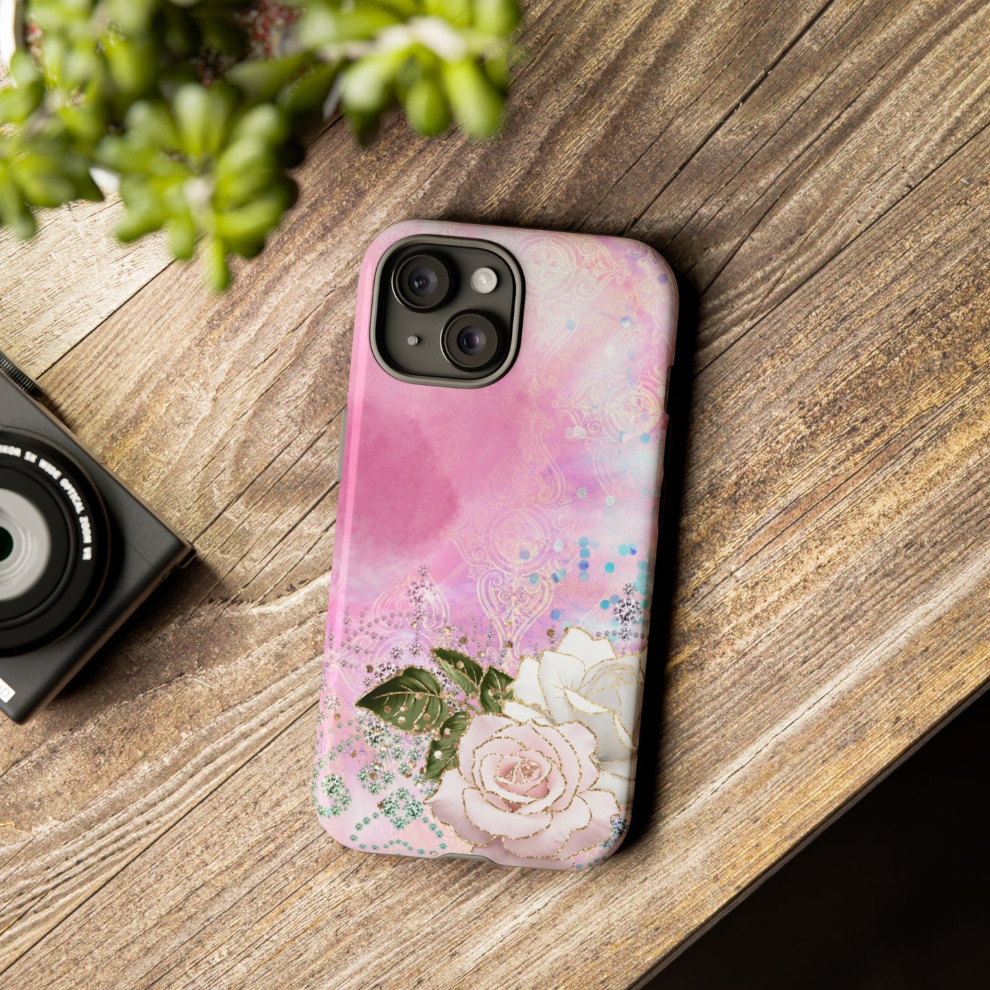 Luxury Pink & White Rose Glitter Mobile Case – Elegant & Shimmering Design