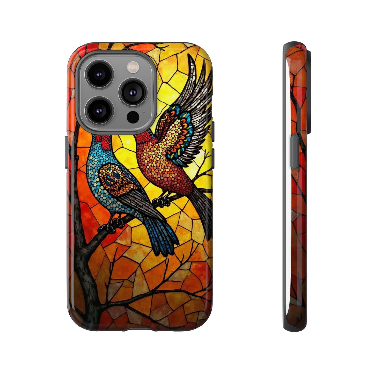 Vibrant Hummingbirds with Stained Glass Charm