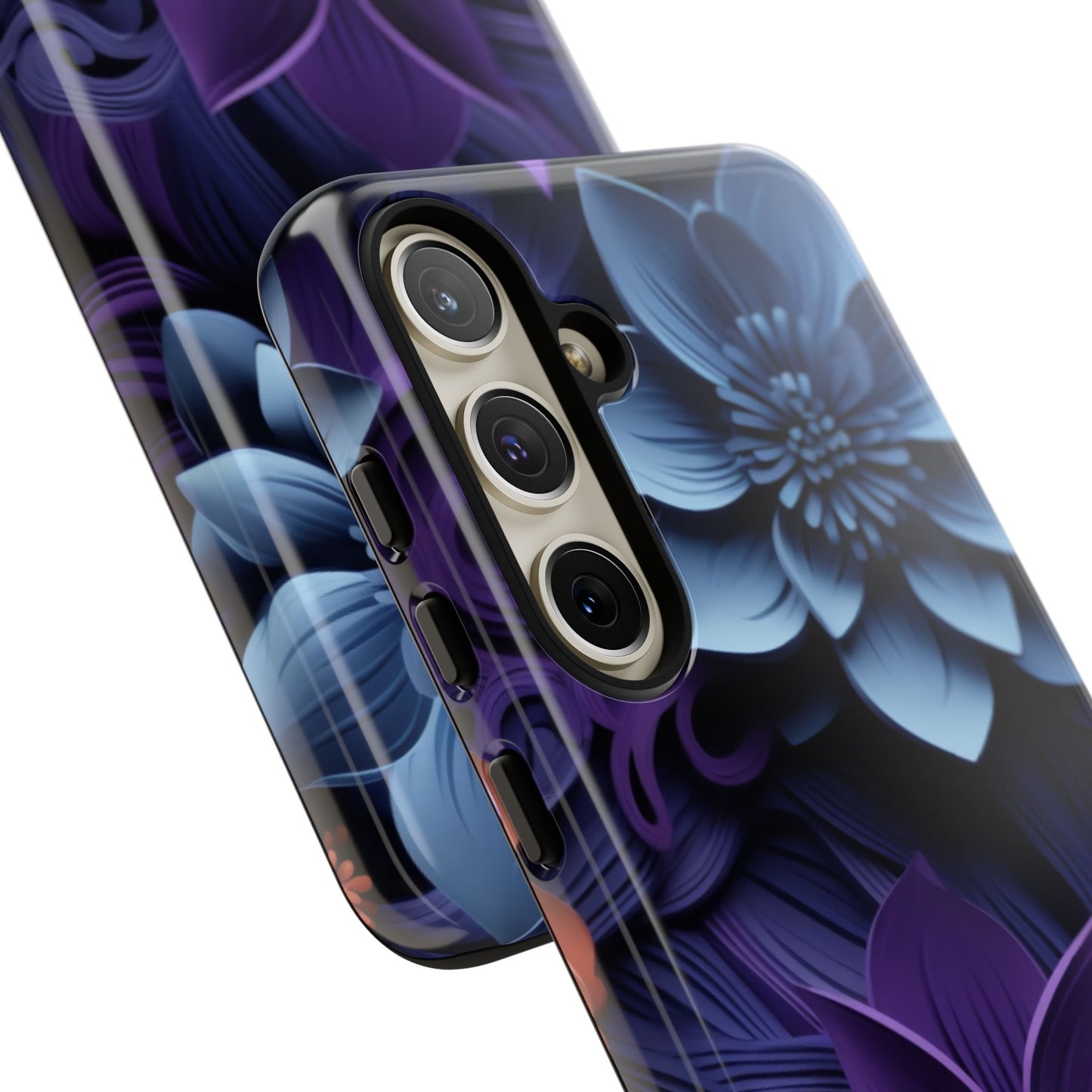 3D Floral Elegance Mobile Case – Midnight Blue & Purple Bloom