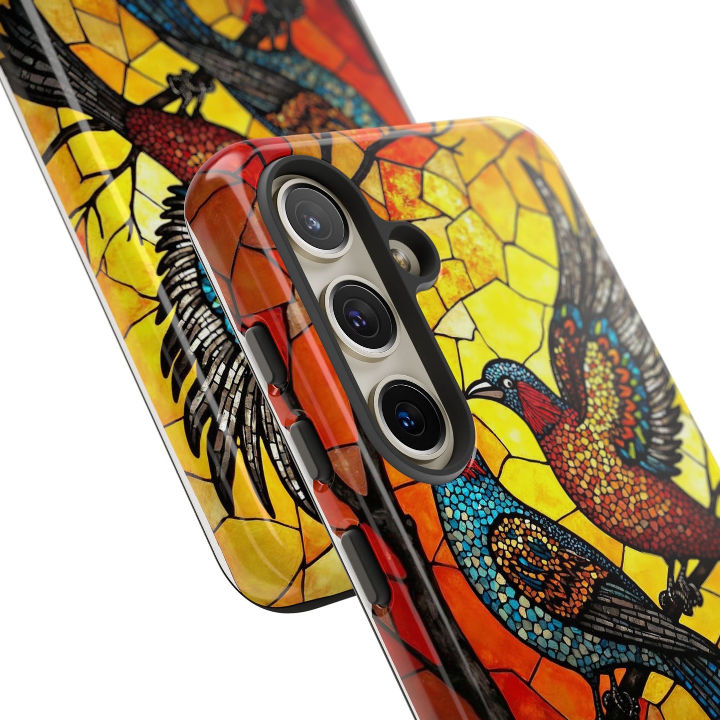 Vibrant Hummingbirds with Stained Glass Charm