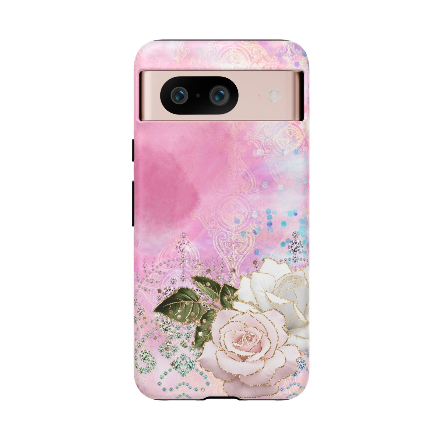 Luxury Pink & White Rose Glitter Mobile Case – Elegant & Shimmering Design