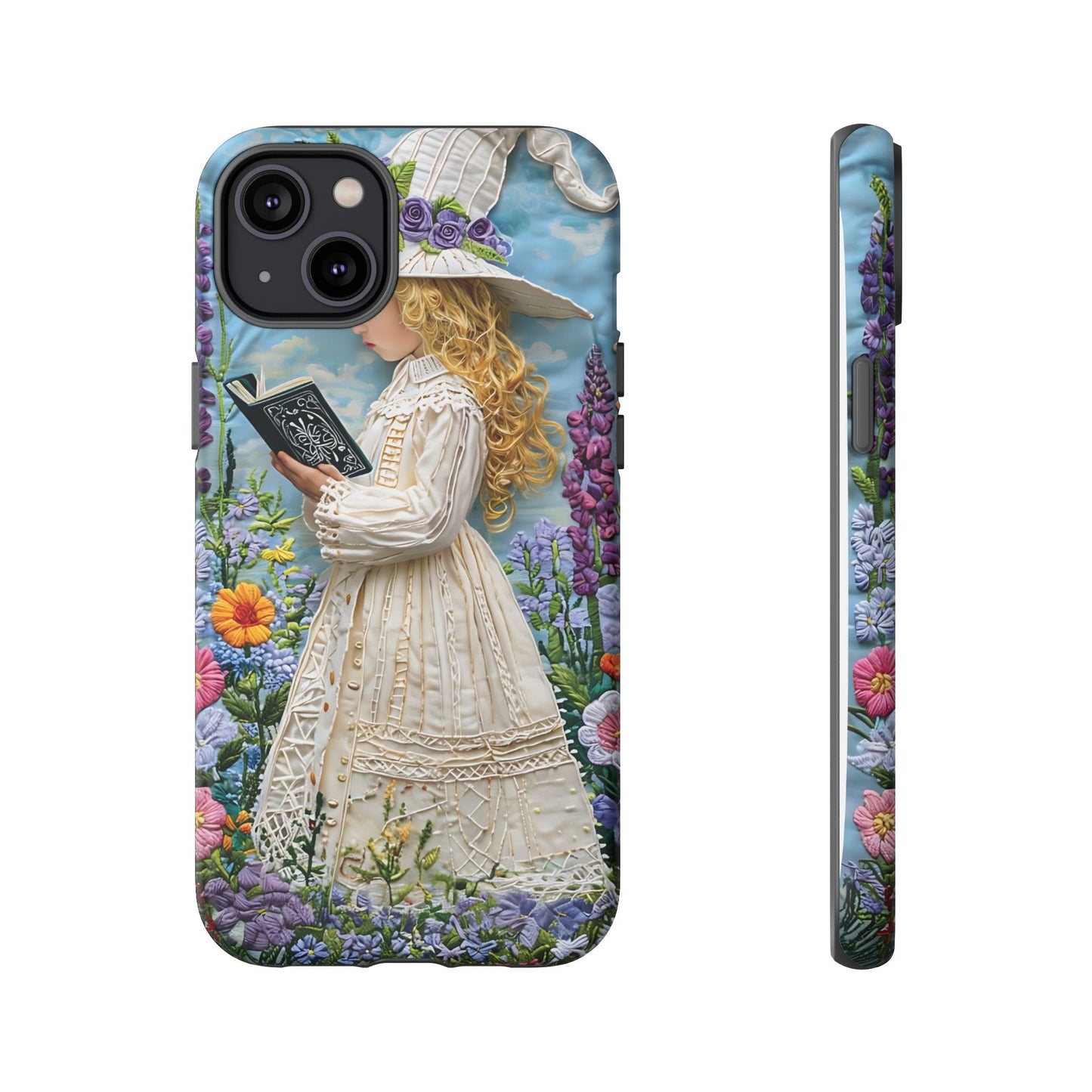 Whimsical Embroidery Of A Girl Reading In A Garden phone case design.