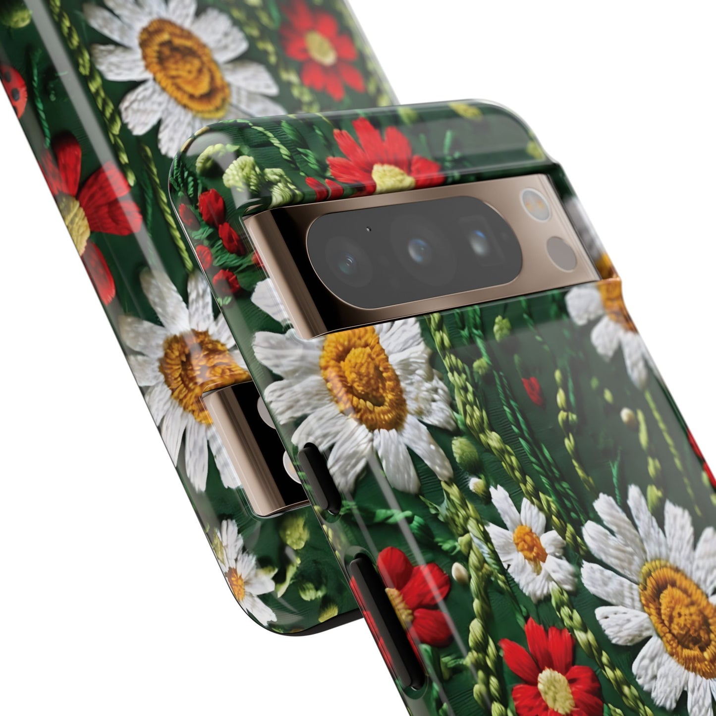 Intricate Embroidered Fabric Featuring Daisies And Ladybugs phone case design