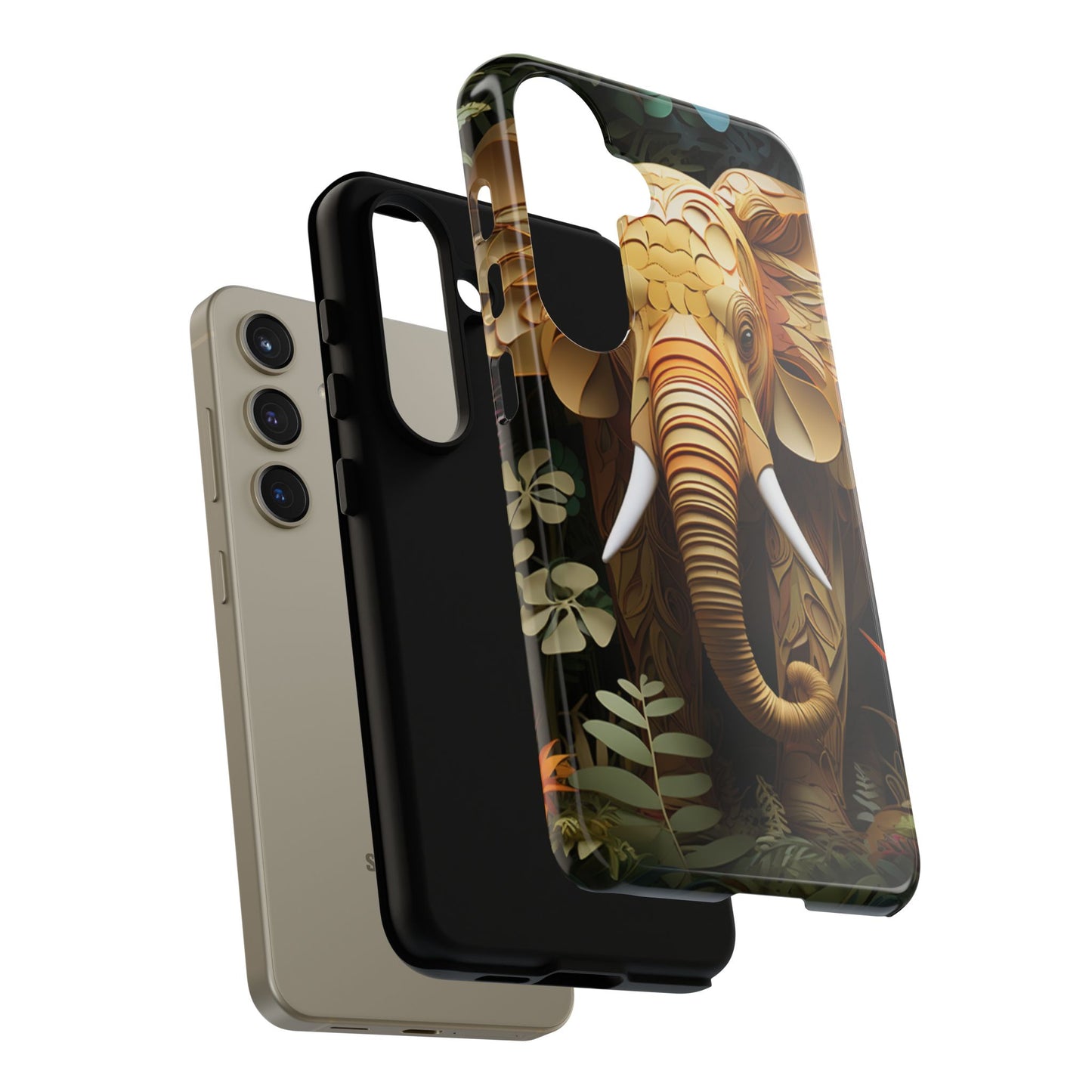 Golden Jungle Elephant Mobile Cover – Intricate Paper Art Design