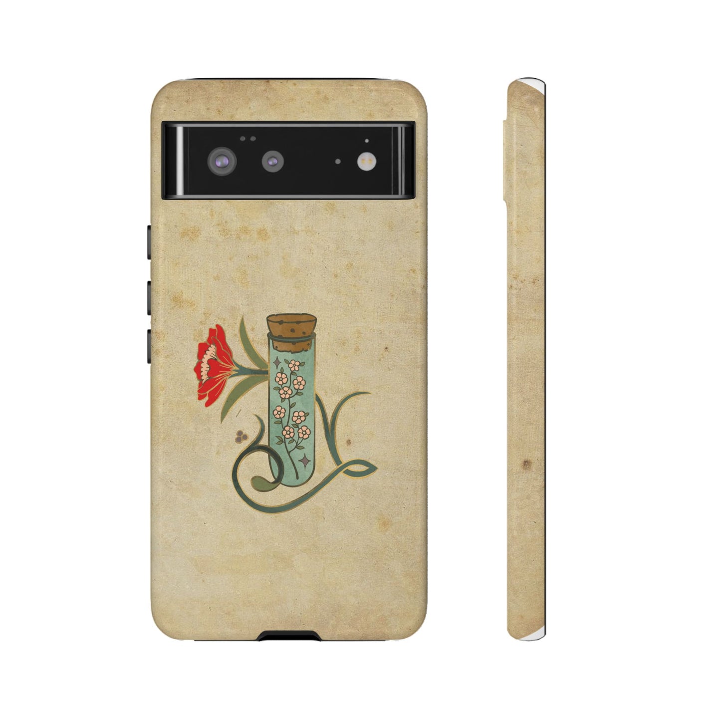 Vintage Floral Glass Tube Phone Case – Minimal Aesthetic, Beige Background (iPhone, Samsung, Pixel)