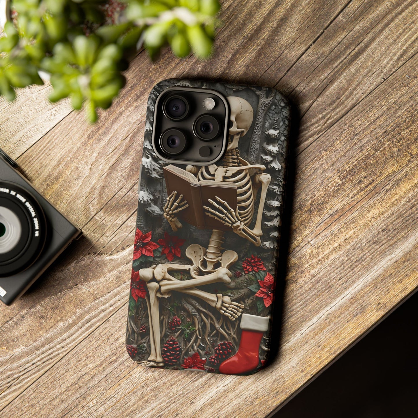 Surreal Relief Sculpture of Skeleton Reading Amidst Festive Decor phone case design