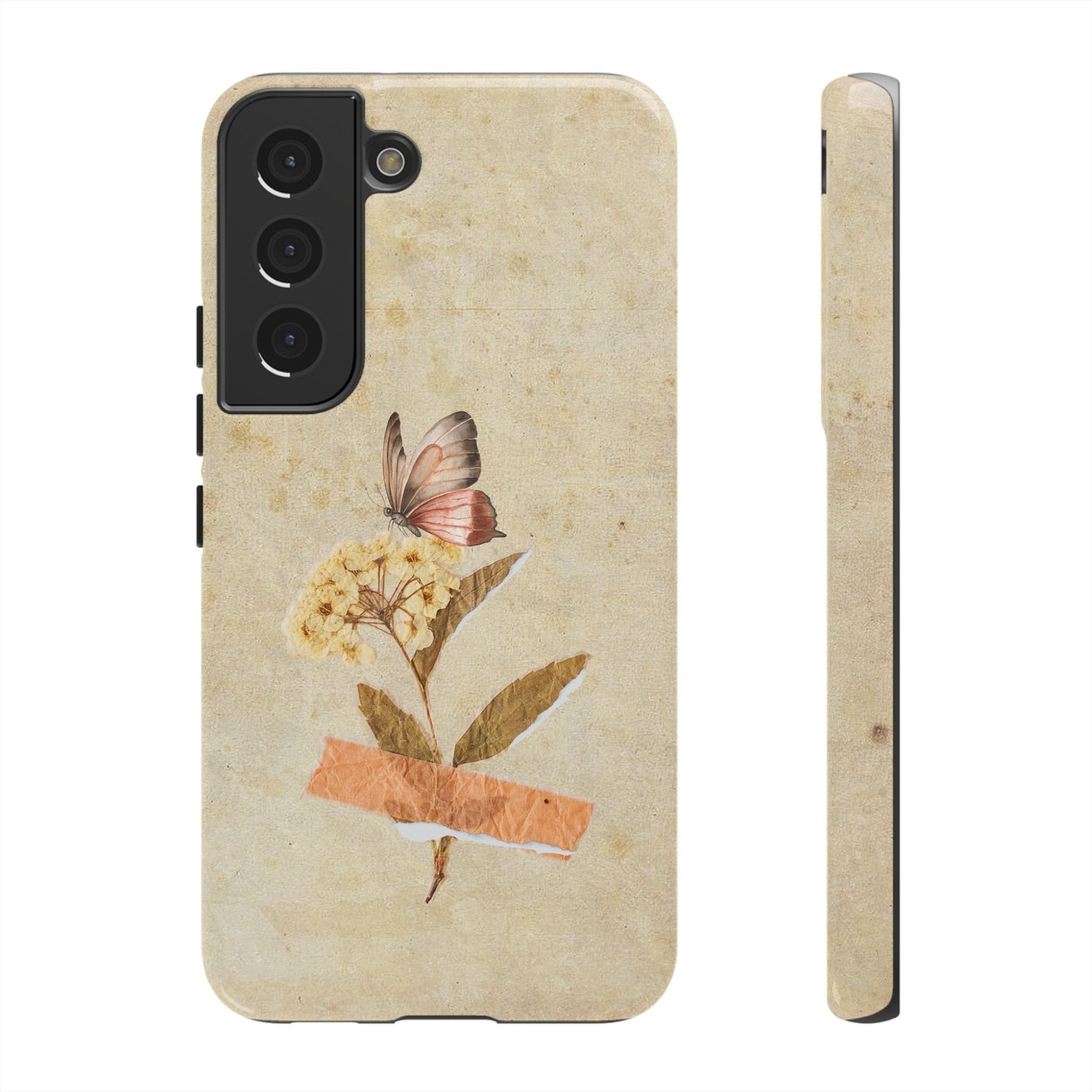 Minimal Vintage Floral Phone Case – Yellow Flower & Butterfly on Beige | For iPhone, Samsung & Google Pixel