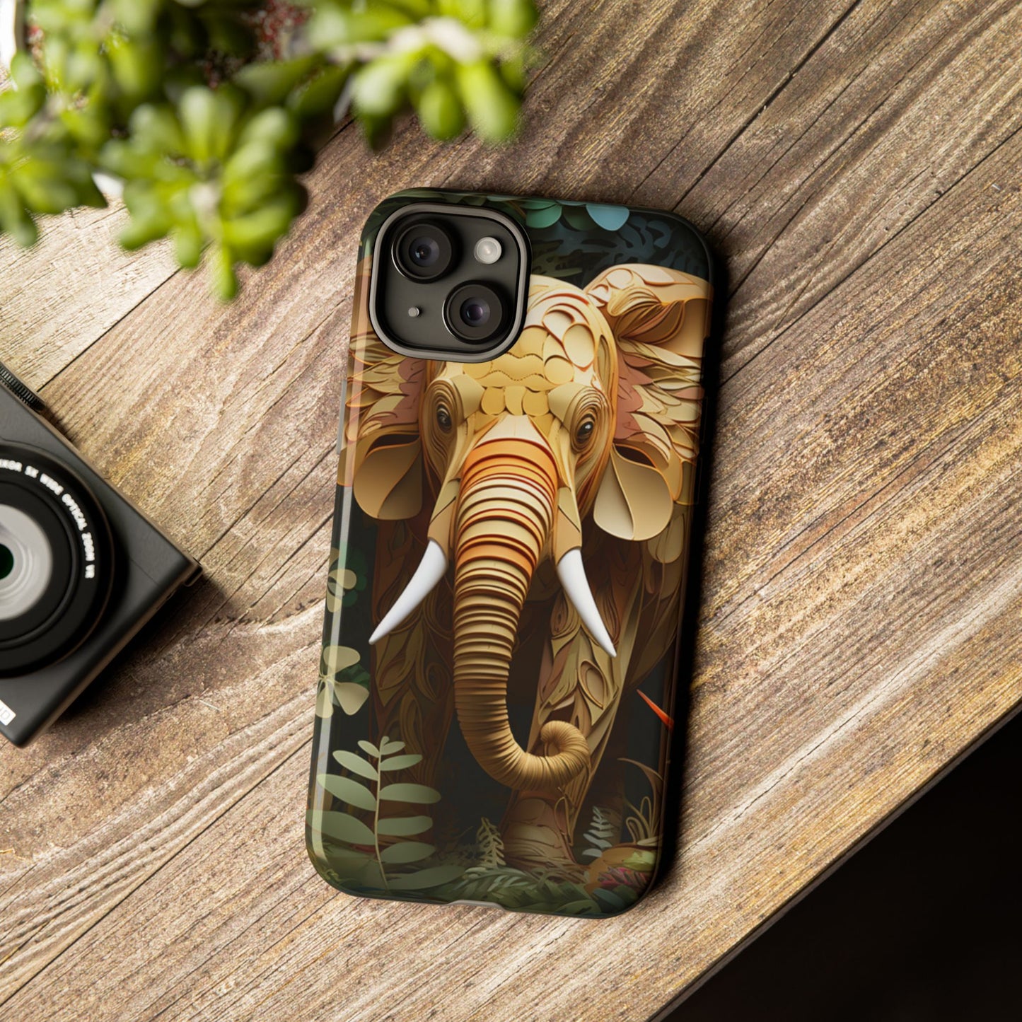 Golden Jungle Elephant Mobile Cover – Intricate Paper Art Design