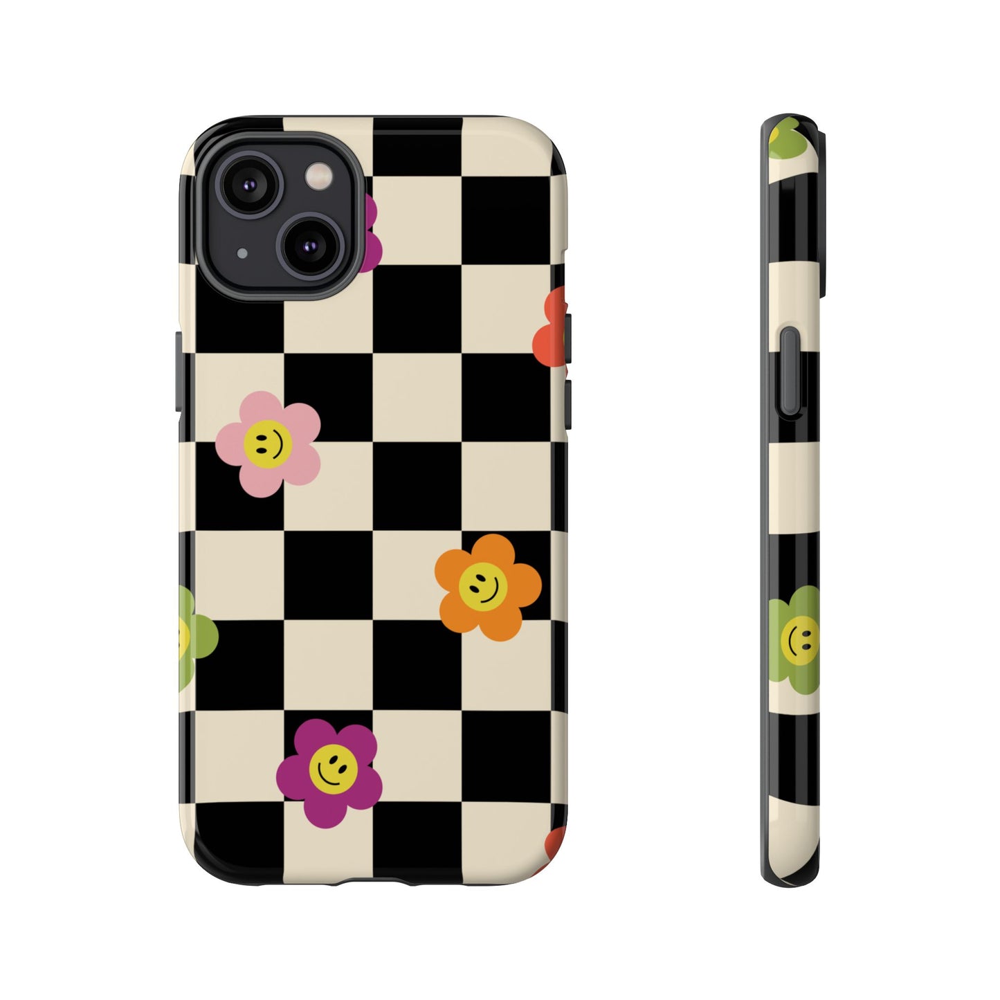 Retro Floral Phone Case – Vintage Flowers on Black & Beige Tiles, Chess Phone Case | For iPhone, Samsung & Google Pixel