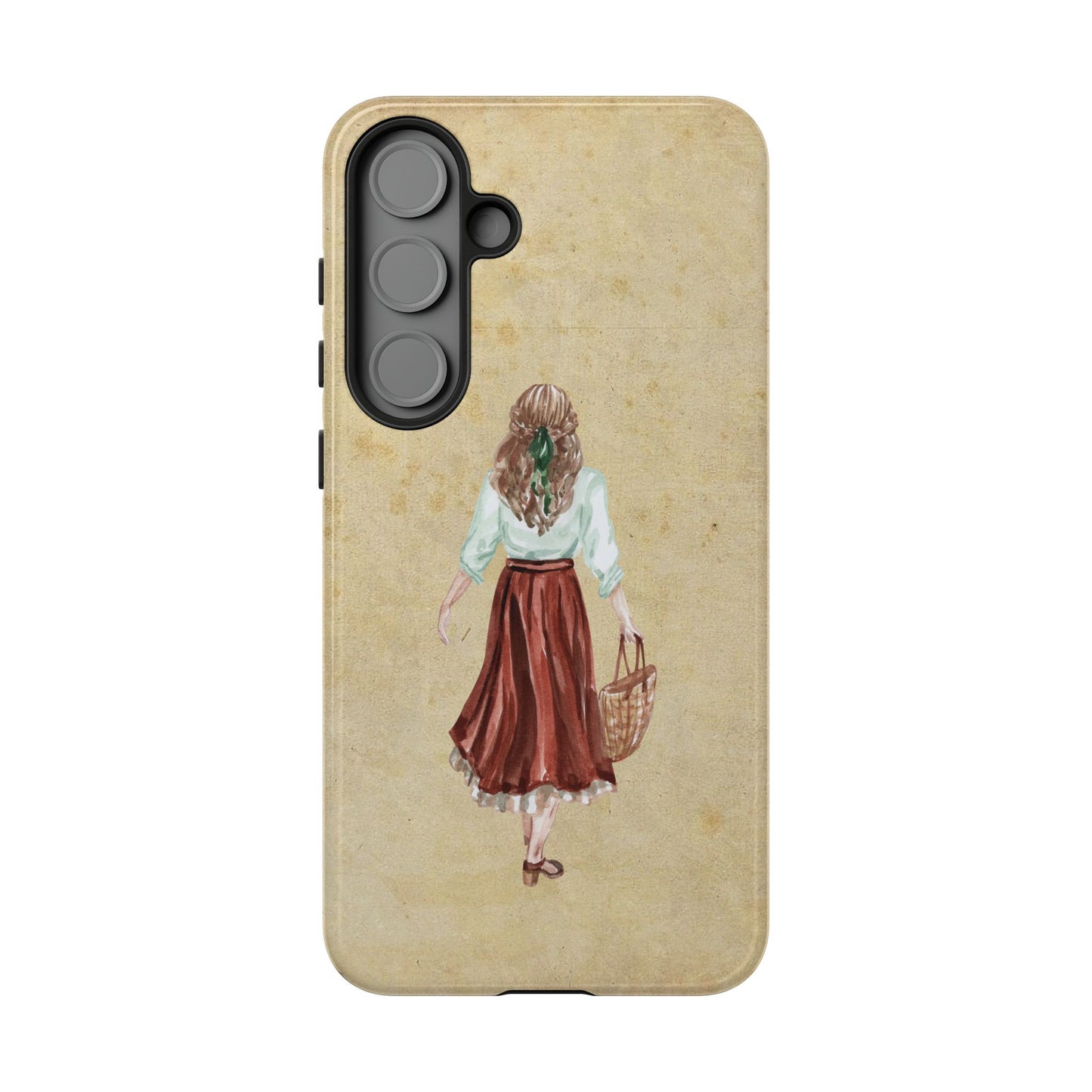Minimal Vintage Girl with Bag Phone Case – Aesthetic Beige Design for iPhone, Samsung & Google Pixel
