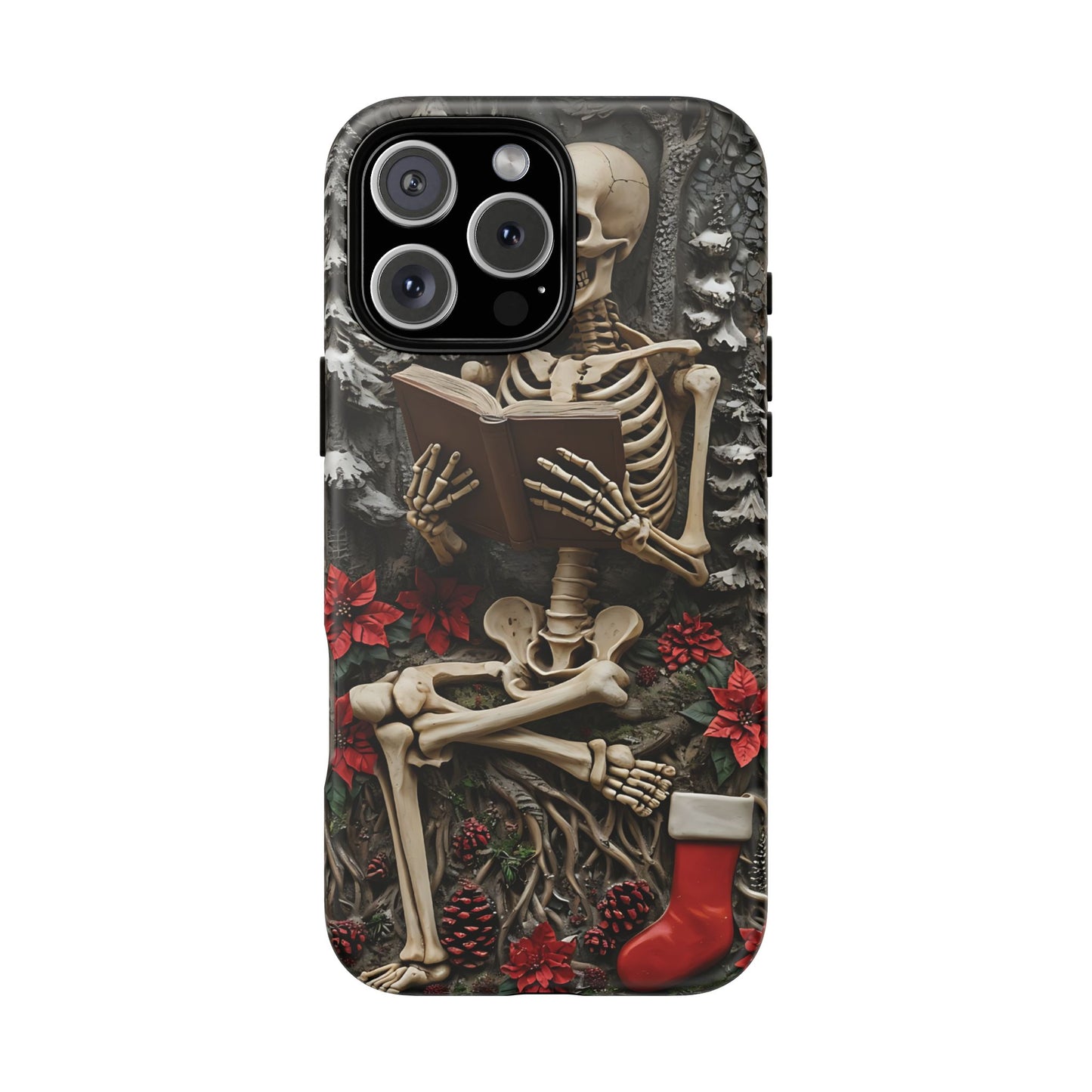 Surreal Relief Sculpture of Skeleton Reading Amidst Festive Decor phone case design
