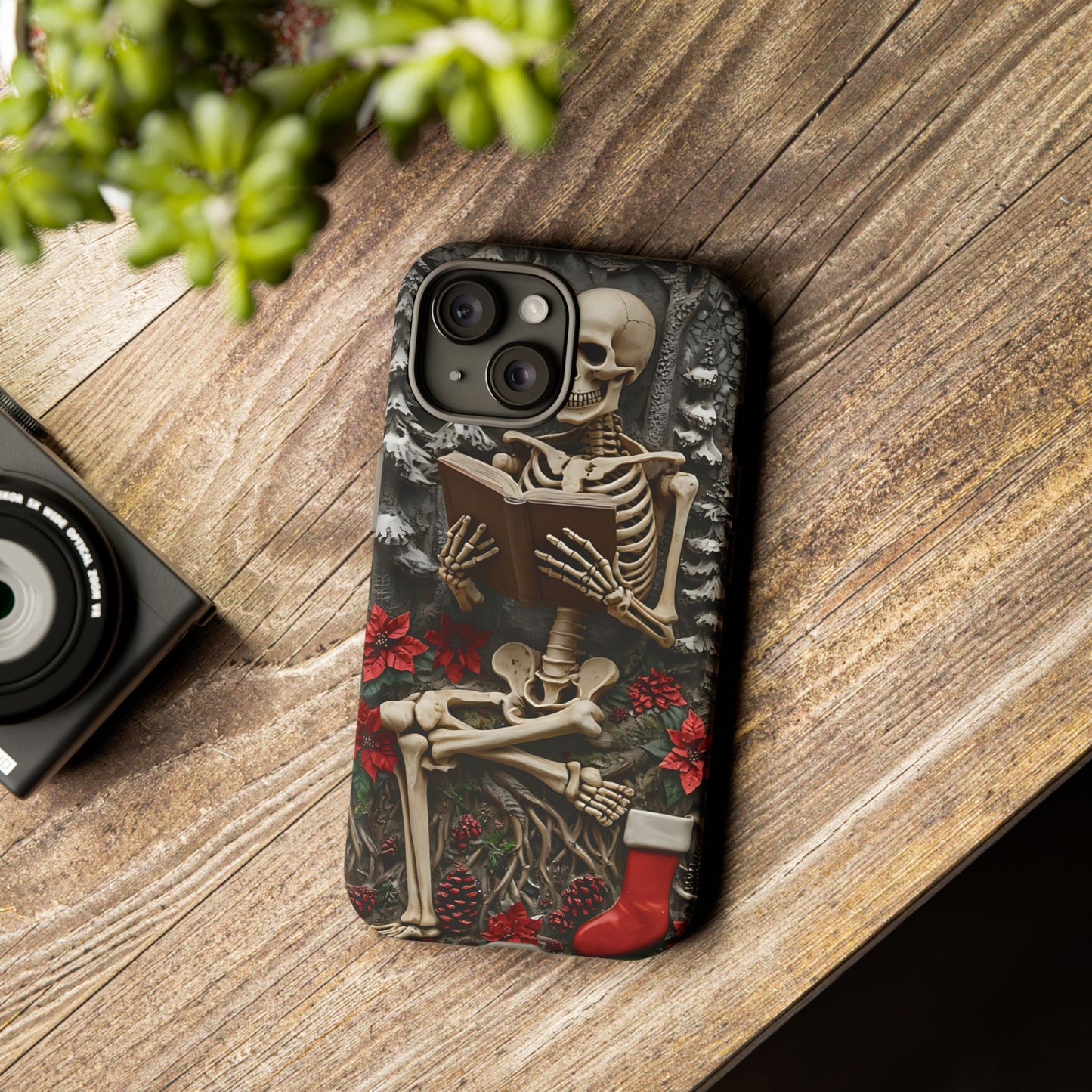 Surreal Relief Sculpture of Skeleton Reading Amidst Festive Decor phone case design