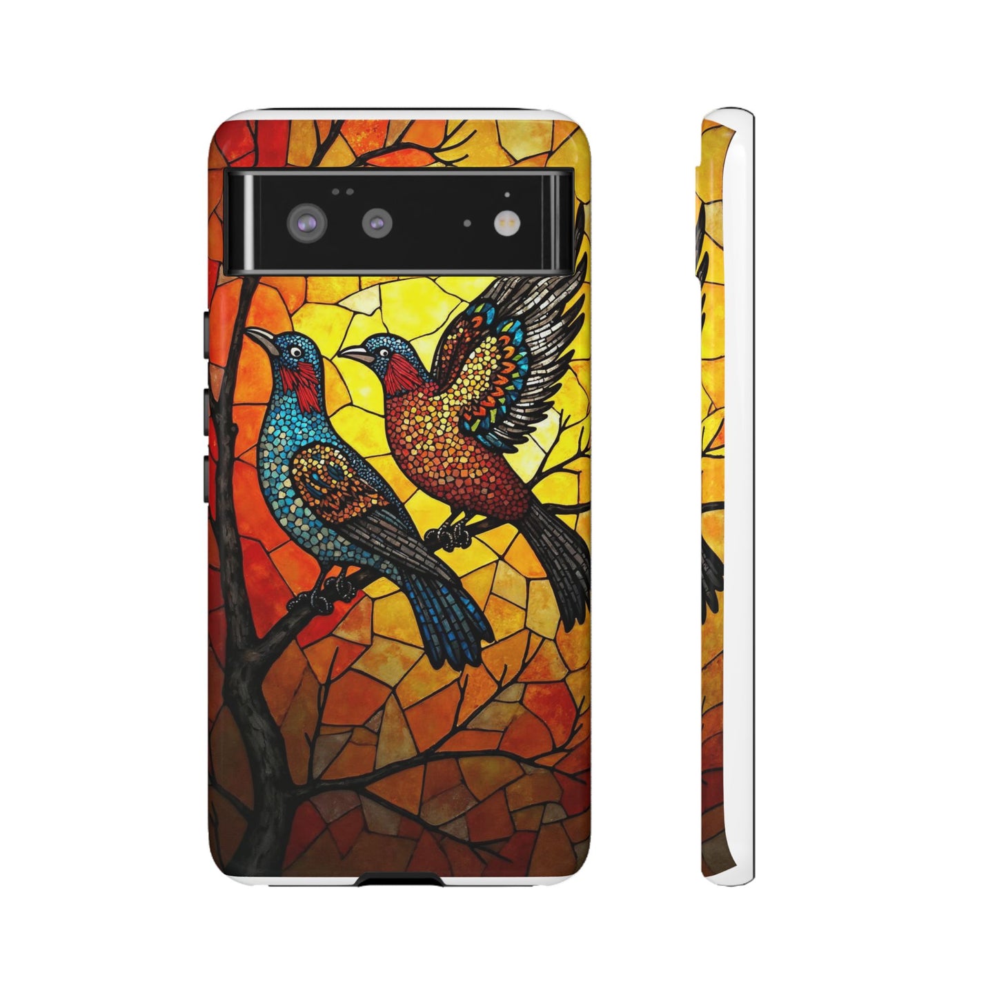 Vibrant Hummingbirds with Stained Glass Charm