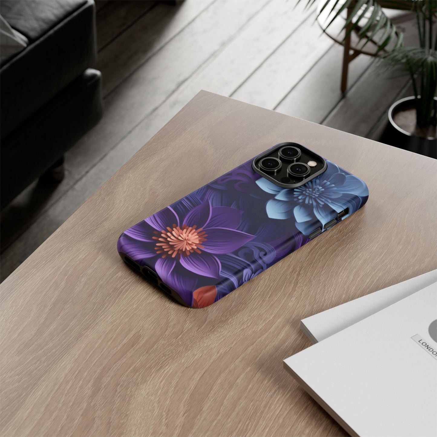 3D Floral Elegance Mobile Case – Midnight Blue & Purple Bloom
