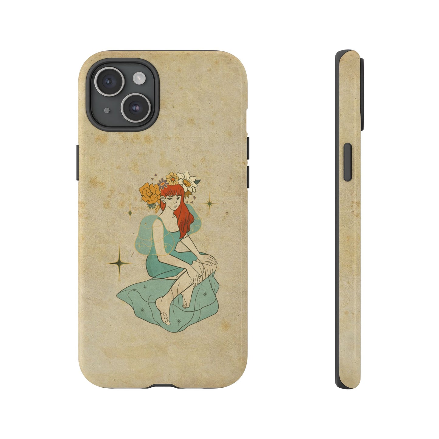 Vintage Aesthetic Phone Case – Cute Girl with Flower Crown | Minimal Beige Cover for iPhone, Samsung & Pixel