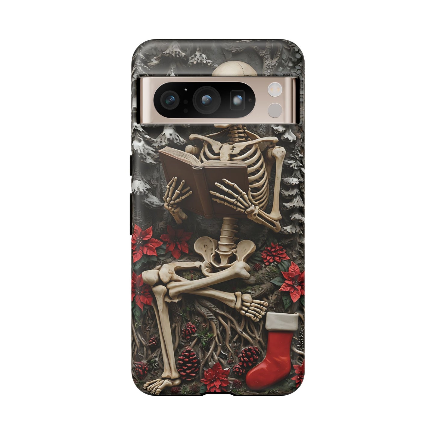 Surreal Relief Sculpture of Skeleton Reading Amidst Festive Decor phone case design