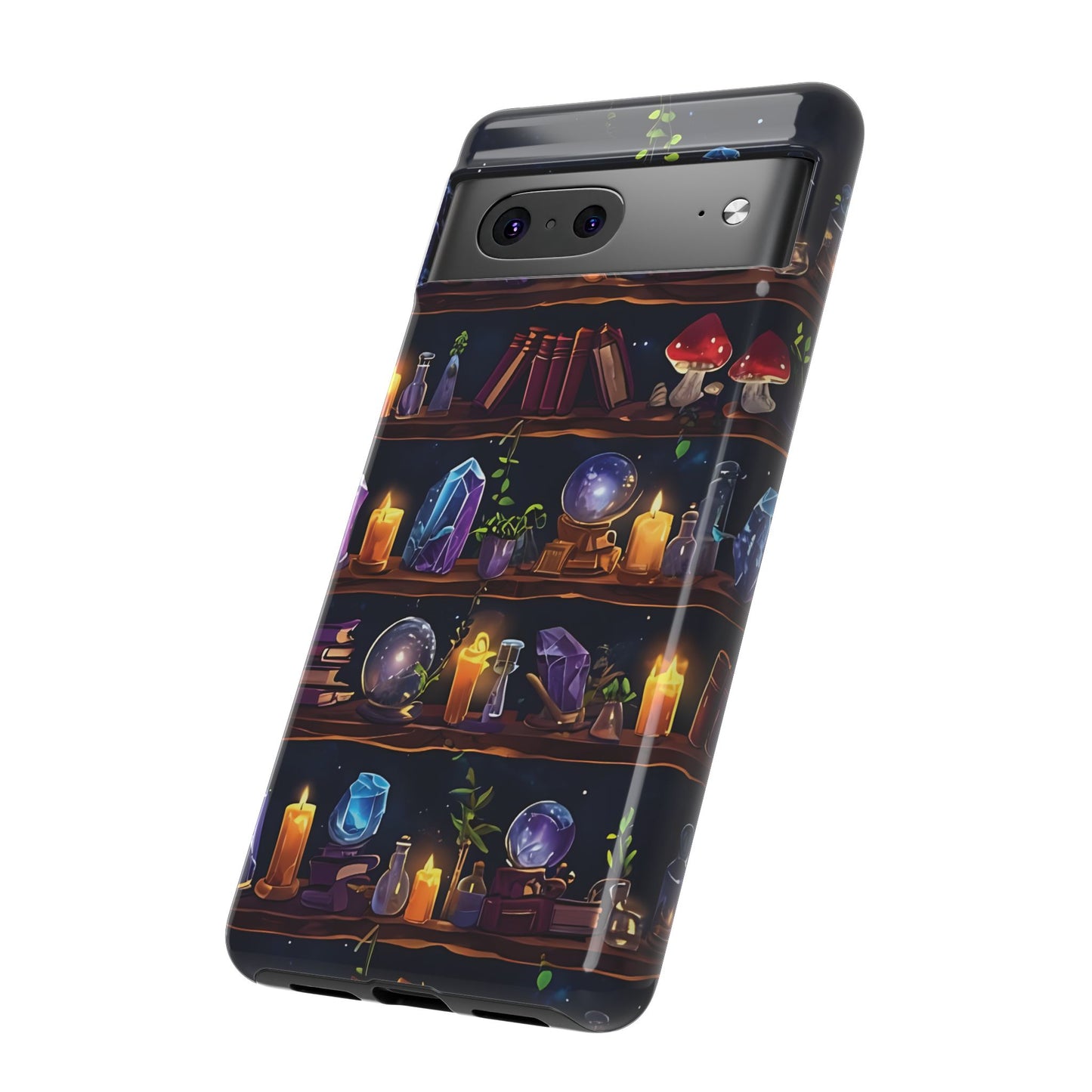 Fantasy Seamless Pattern Of Wooden Shelves Filled With Mystical Items phone case design.