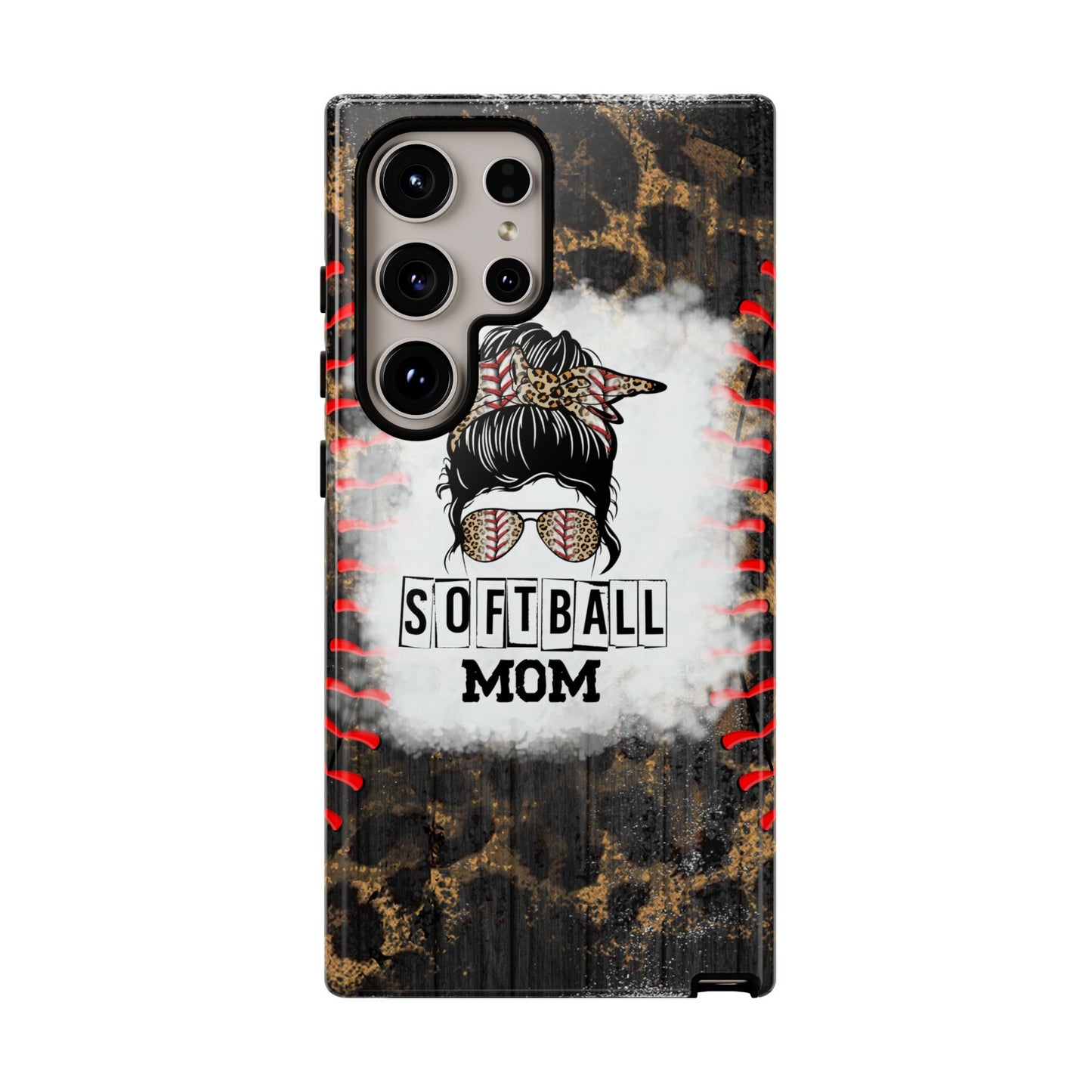 Softball Mom Phone Case for iPhone, Samsung & Google Pixel, Messy Bun Phone Case, Leopard Print Phone Case, Sports Lover Gift