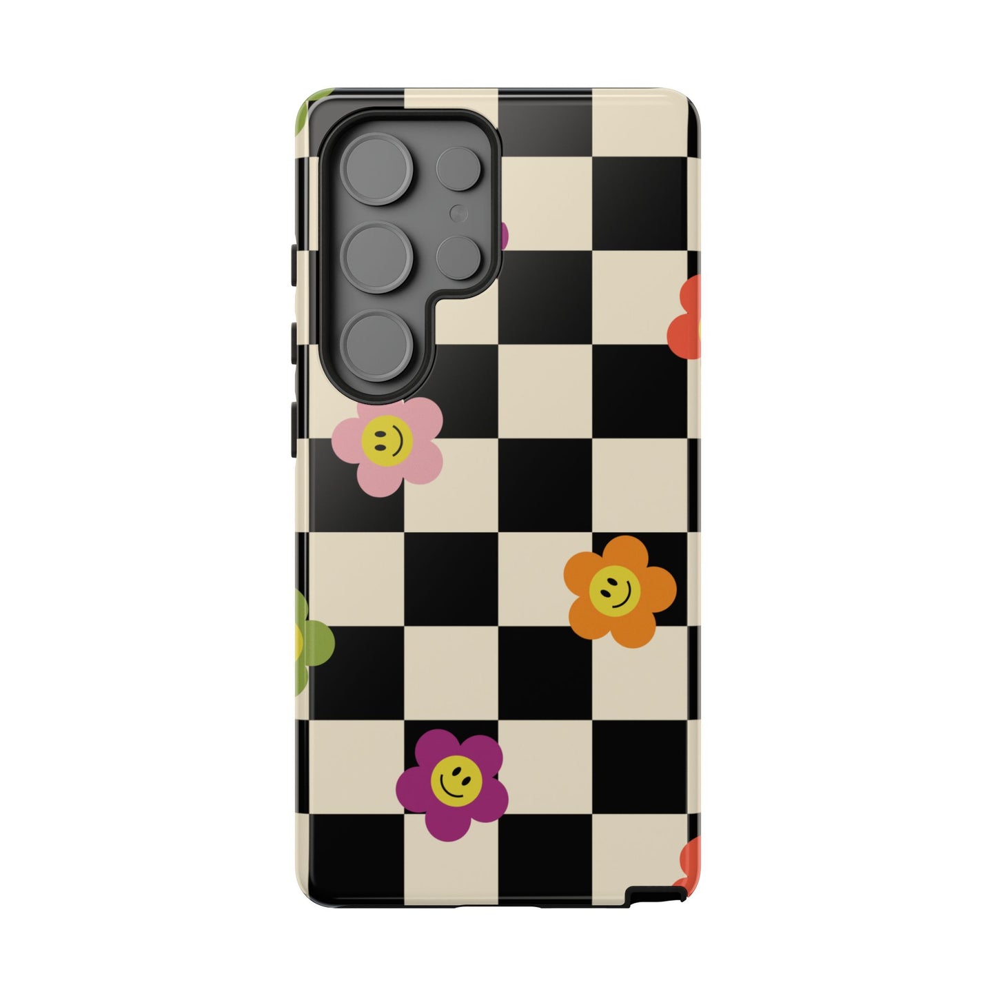 Retro Floral Phone Case – Vintage Flowers on Black & Beige Tiles, Chess Phone Case | For iPhone, Samsung & Google Pixel
