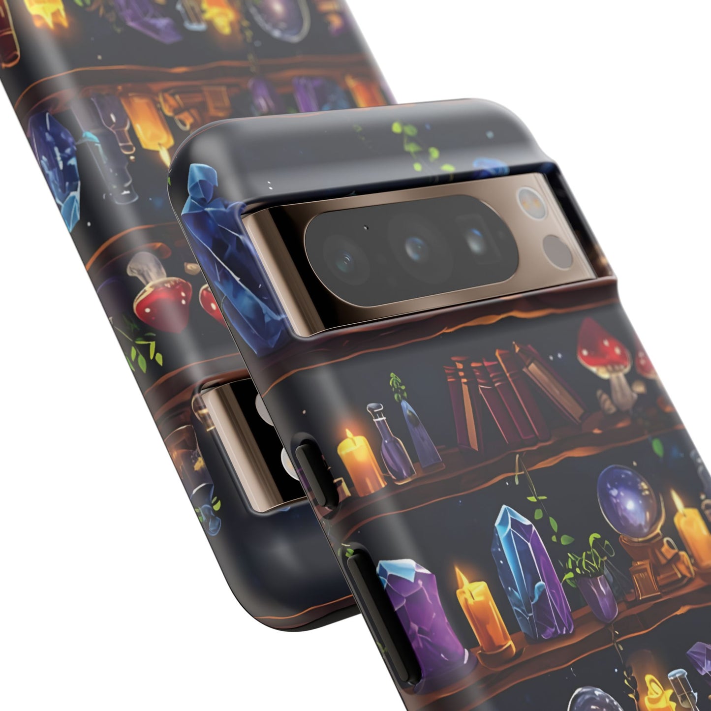 Fantasy Seamless Pattern Of Wooden Shelves Filled With Mystical Items phone case design.