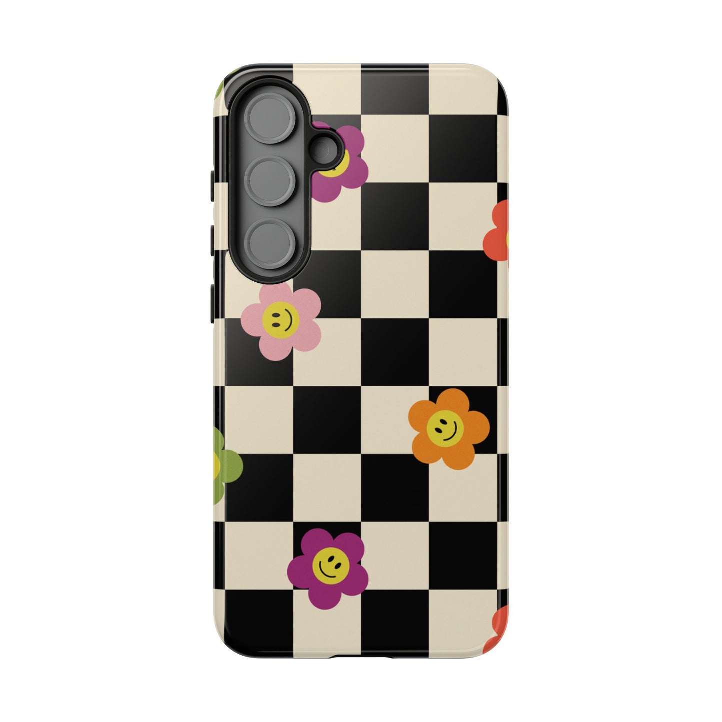 Retro Floral Phone Case – Vintage Flowers on Black & Beige Tiles, Chess Phone Case | For iPhone, Samsung & Google Pixel