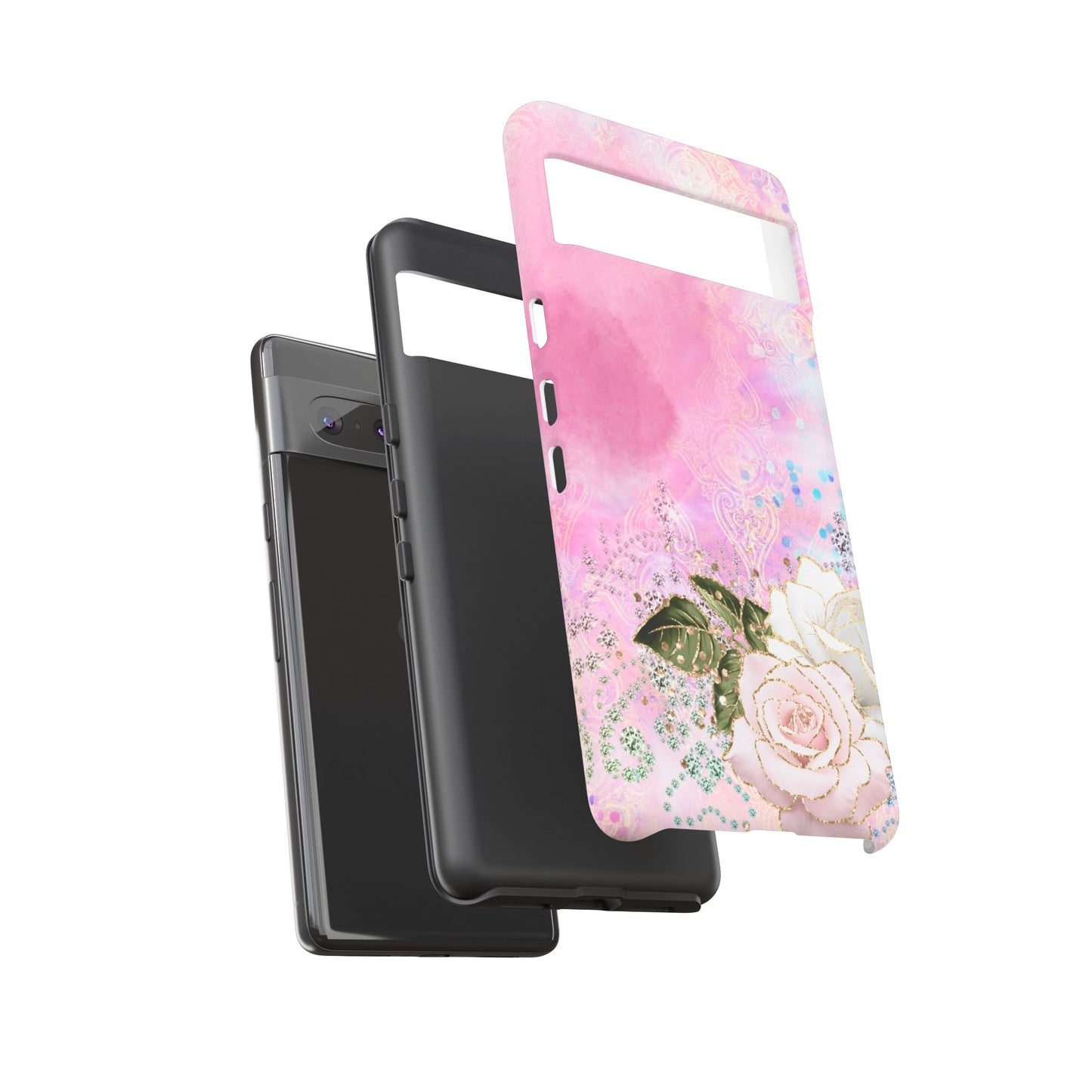 Luxury Pink & White Rose Glitter Mobile Case – Elegant & Shimmering Design