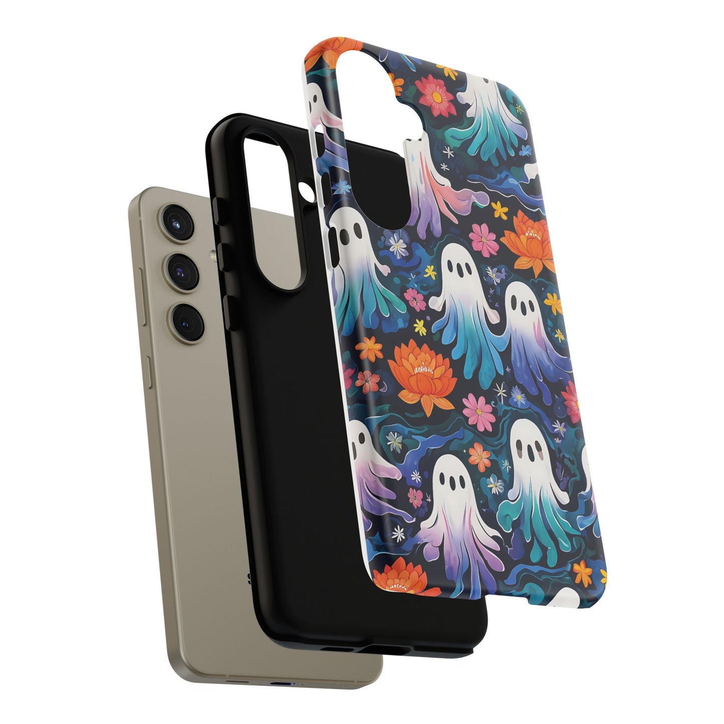 Whimsical Pattern Of Ghosts And Colorful Flowers phone case design.