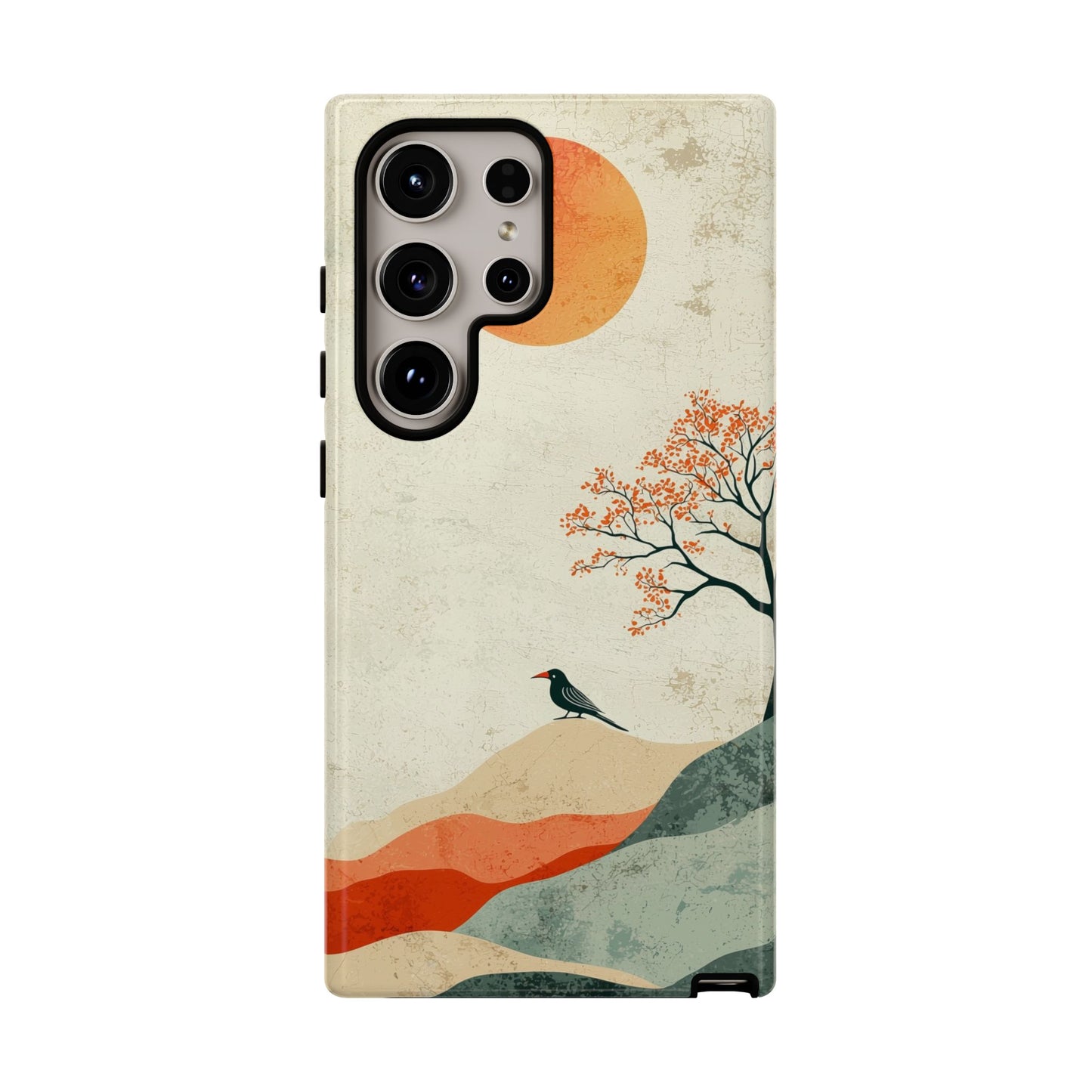 Crimson Solitude: A Minimalist Landscape Phone Case for iPhone, Samsung & Pixel