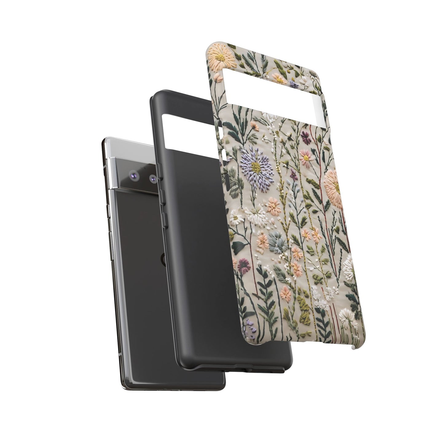 Intricate Embroidery Artwork Featuring Botanical Elements On Beige phone case design.