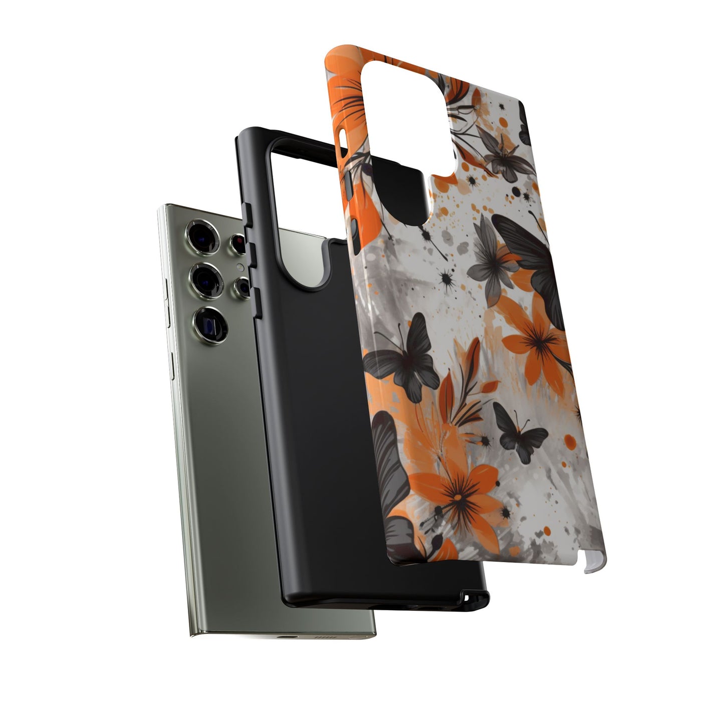 Bold Butterfly & Floral Splash Mobile Cover – Black & Orange Aesthetic