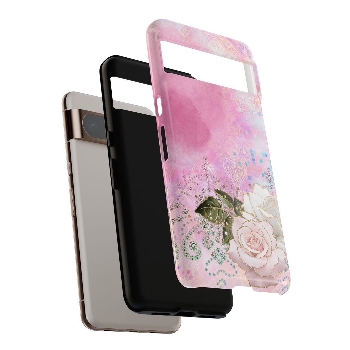 Luxury Pink & White Rose Glitter Mobile Case – Elegant & Shimmering Design