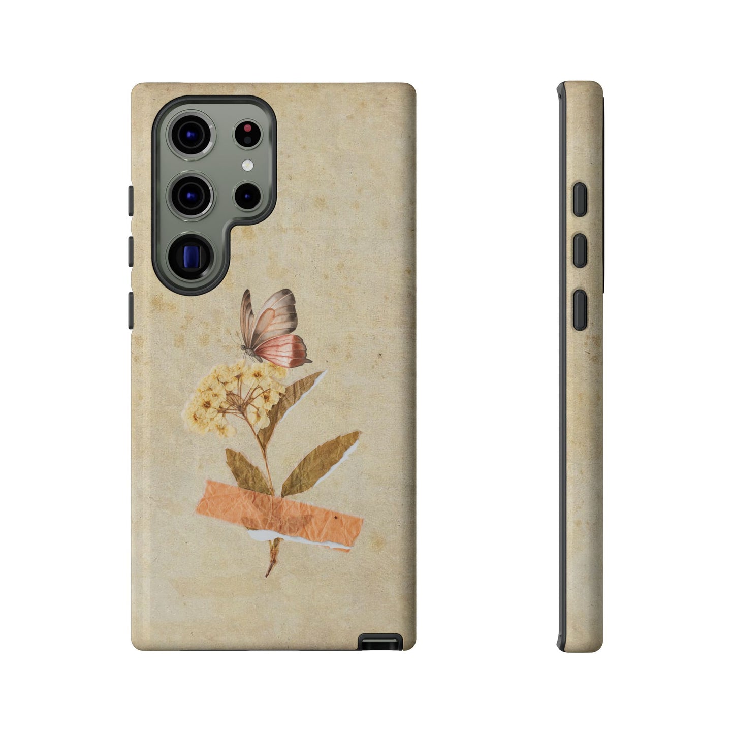 Minimal Vintage Floral Phone Case – Yellow Flower & Butterfly on Beige | For iPhone, Samsung & Google Pixel