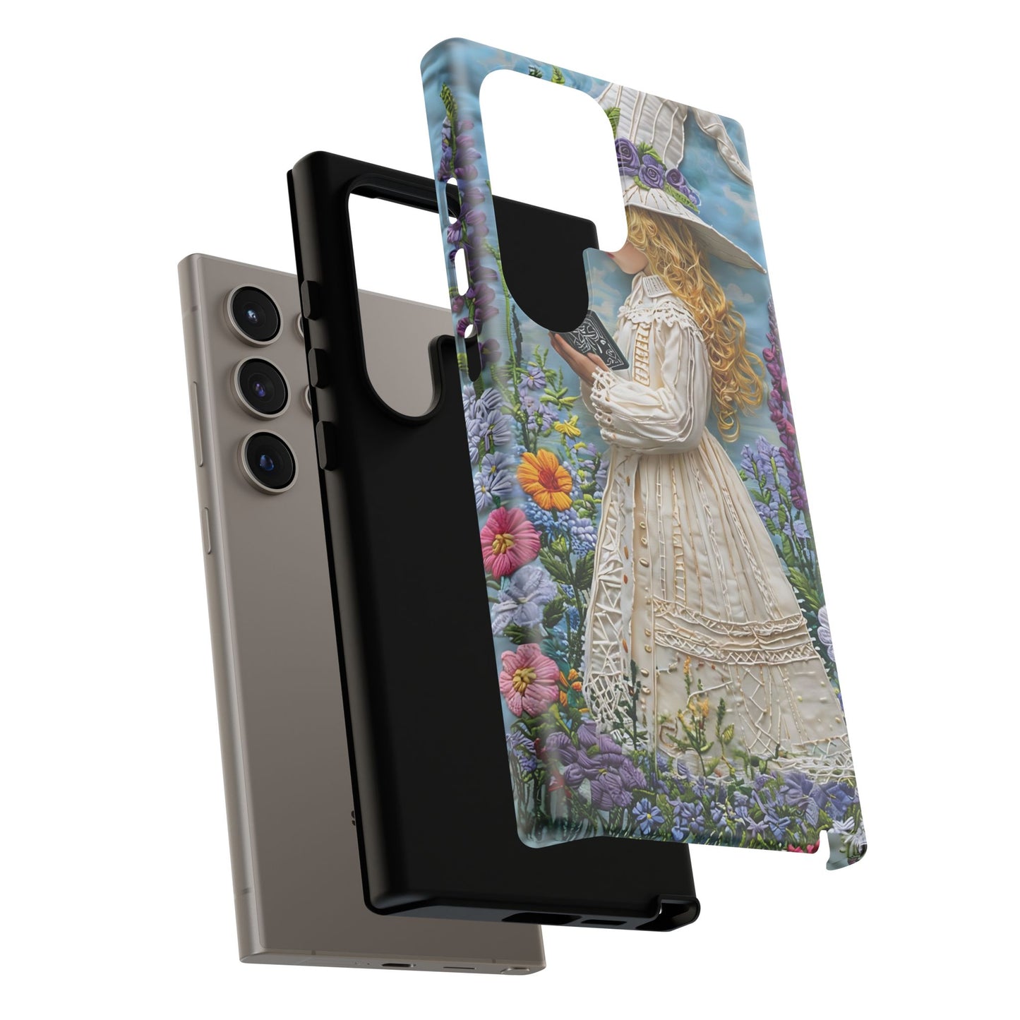 Whimsical Embroidery Of A Girl Reading In A Garden phone case design.
