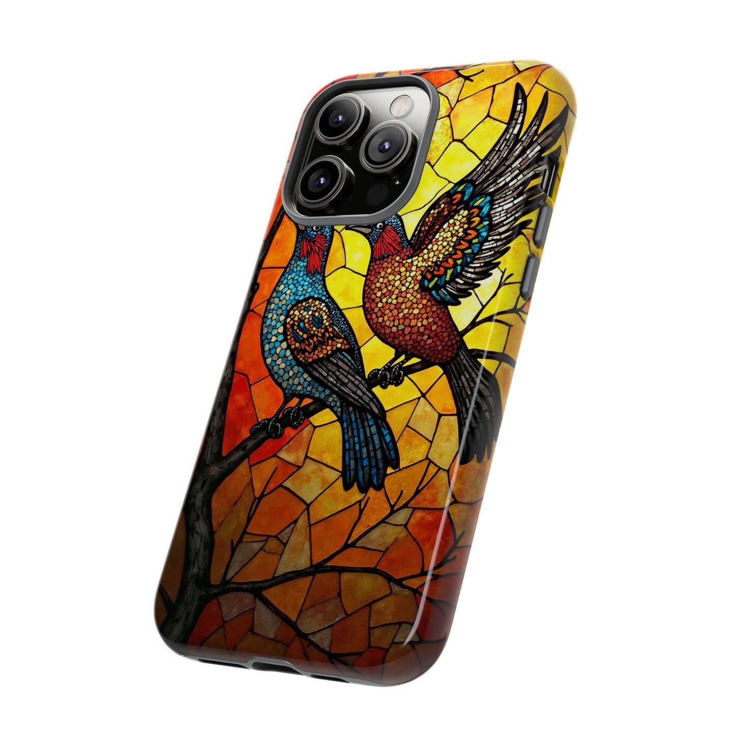 Vibrant Hummingbirds with Stained Glass Charm