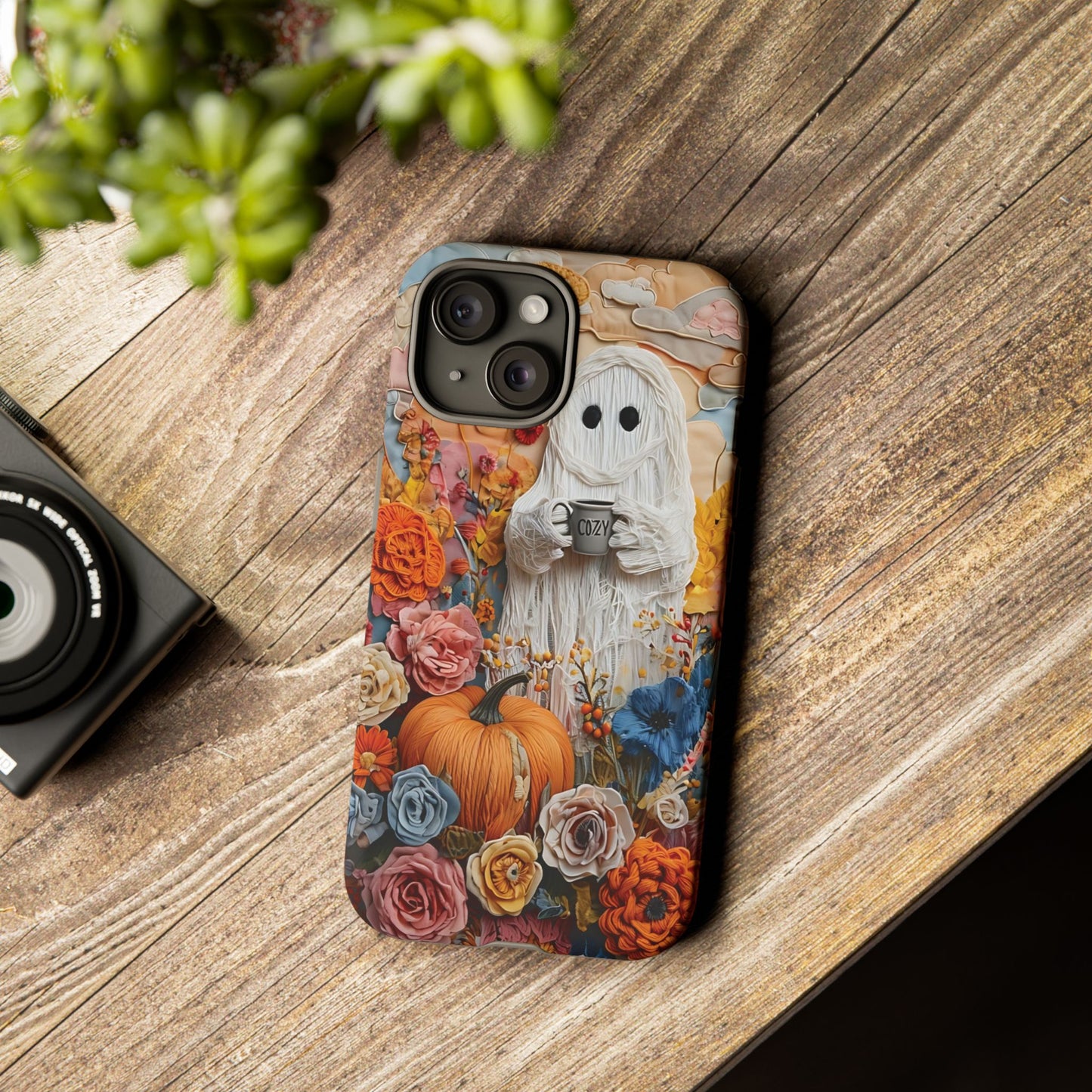 Colorful Whimsical Artwork of Ghost in Autumn Scene phone case design.