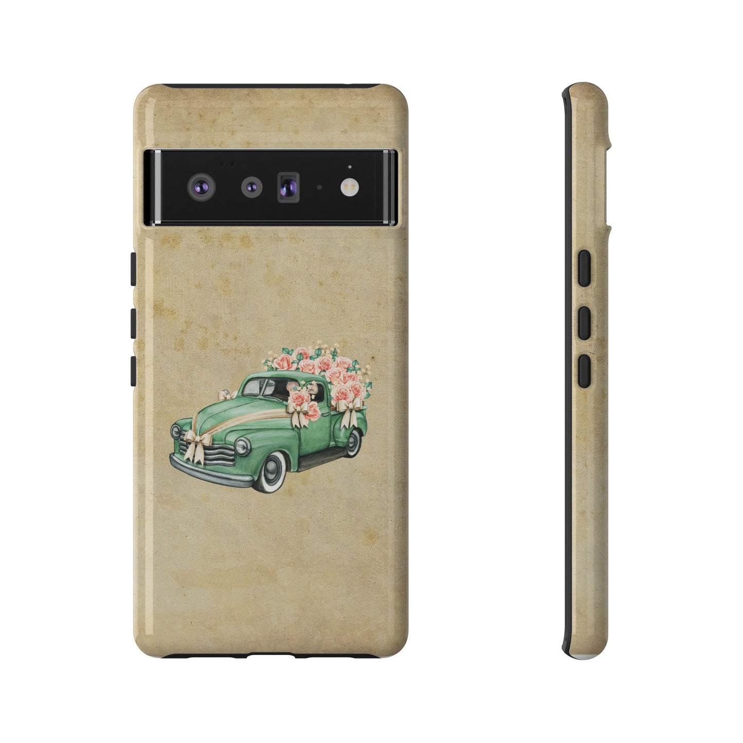 Minimal Vintage Floral Car Phone Case – Green Classic Car on Beige Background – for iPhone, Samsung & Google Pixel