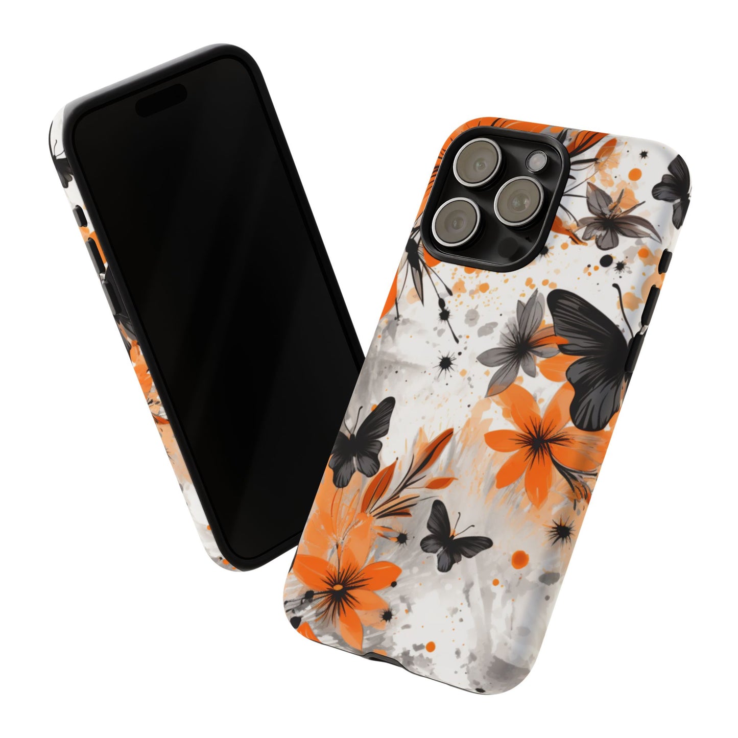 Bold Butterfly & Floral Splash Mobile Cover – Black & Orange Aesthetic