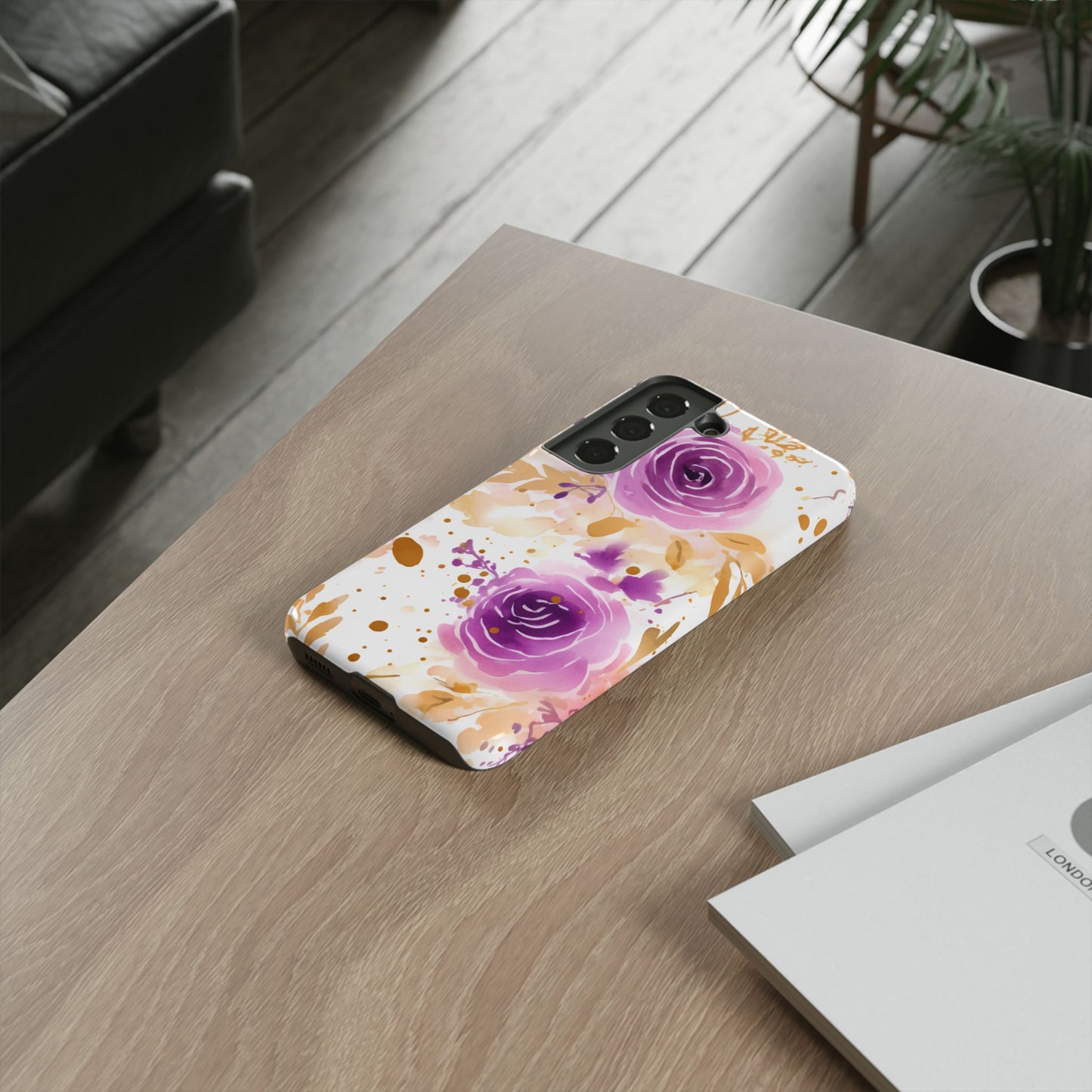 Purple Bloom Watercolor Mobile Case – Artistic Elegance in Gold & Lilac
