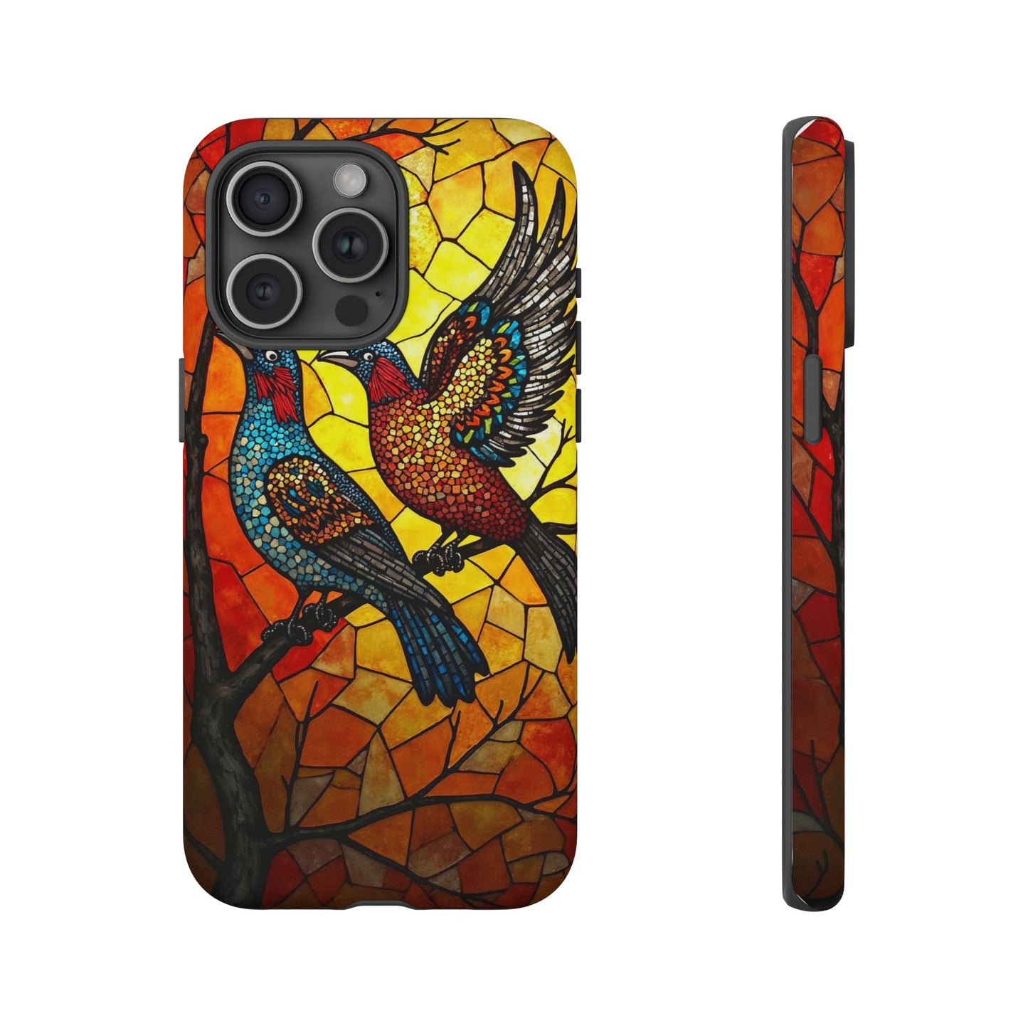 Vibrant Hummingbirds with Stained Glass Charm