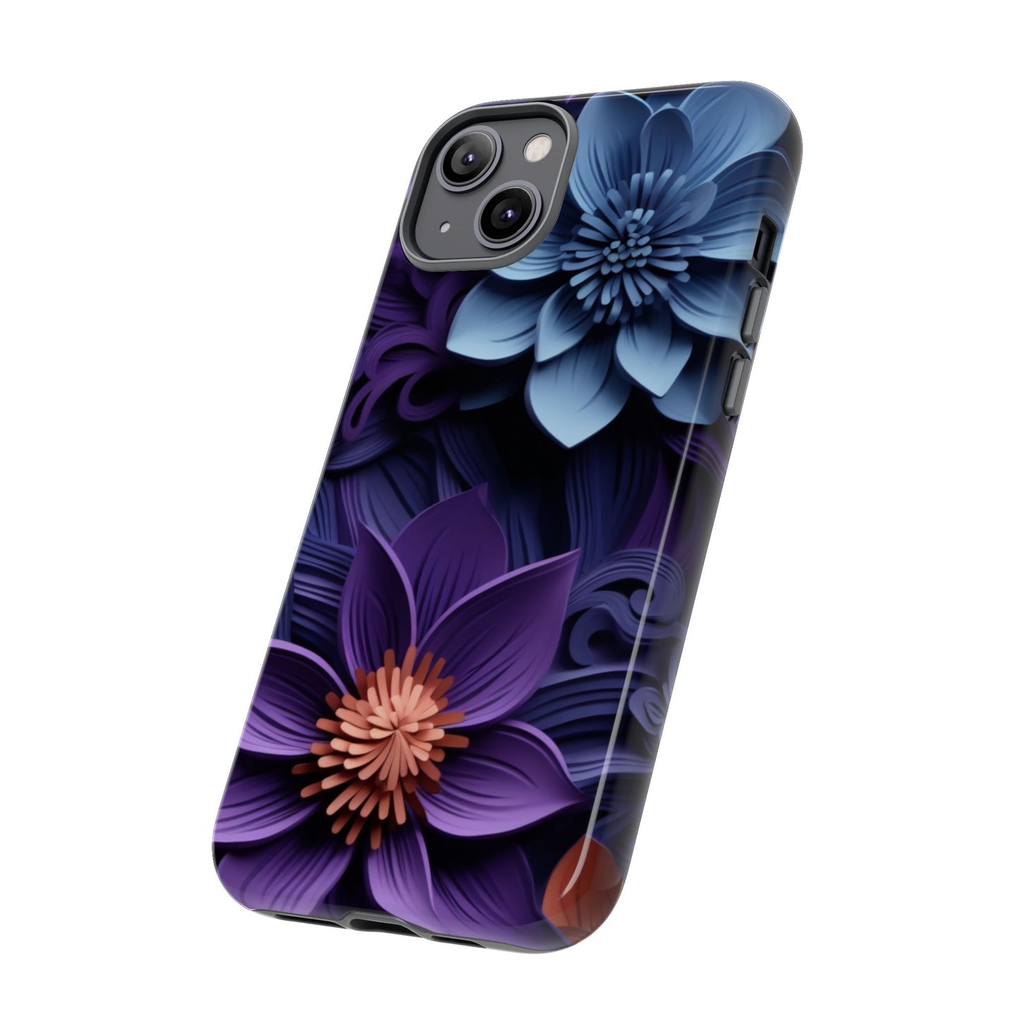 3D Floral Elegance Mobile Case – Midnight Blue & Purple Bloom