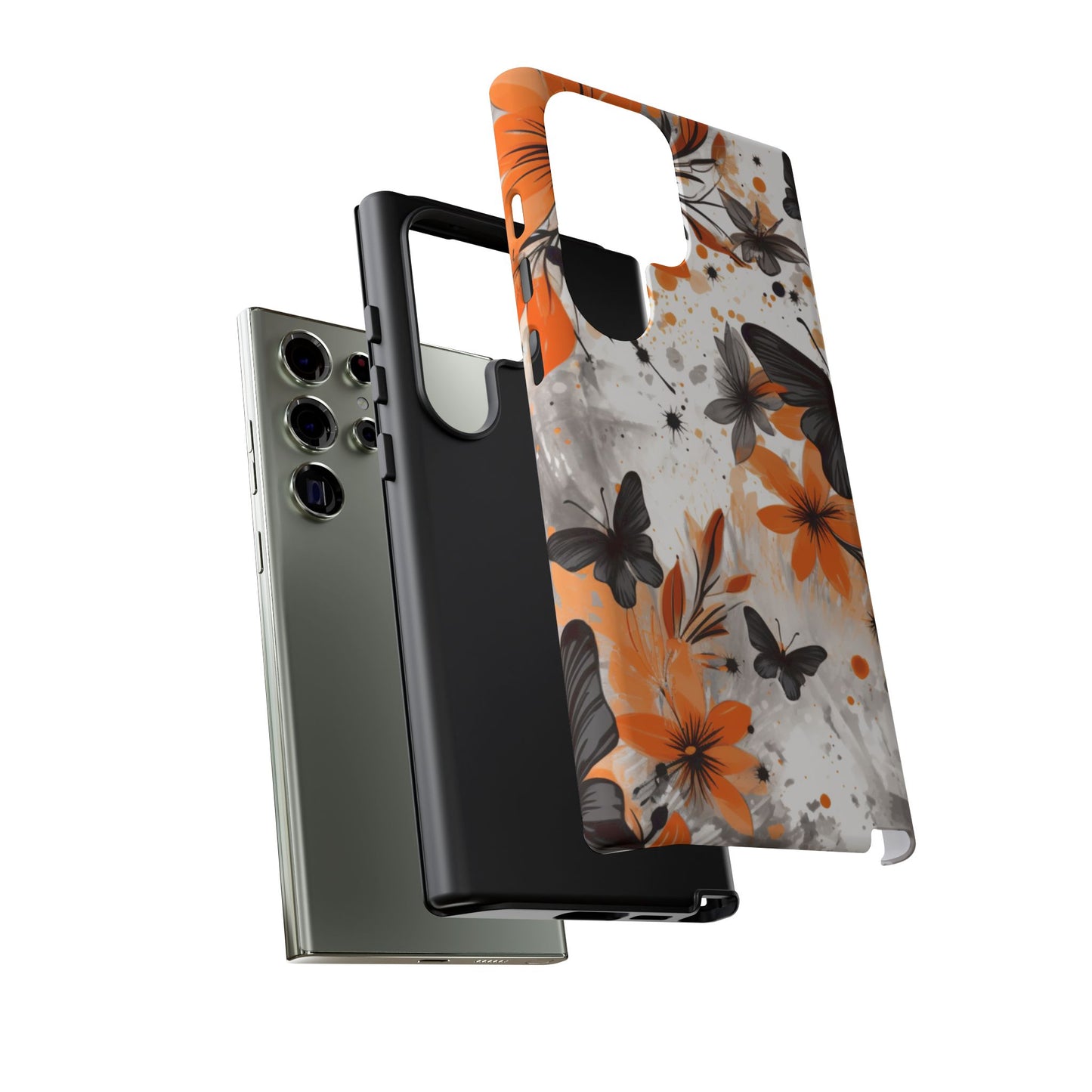 Bold Butterfly & Floral Splash Mobile Cover – Black & Orange Aesthetic