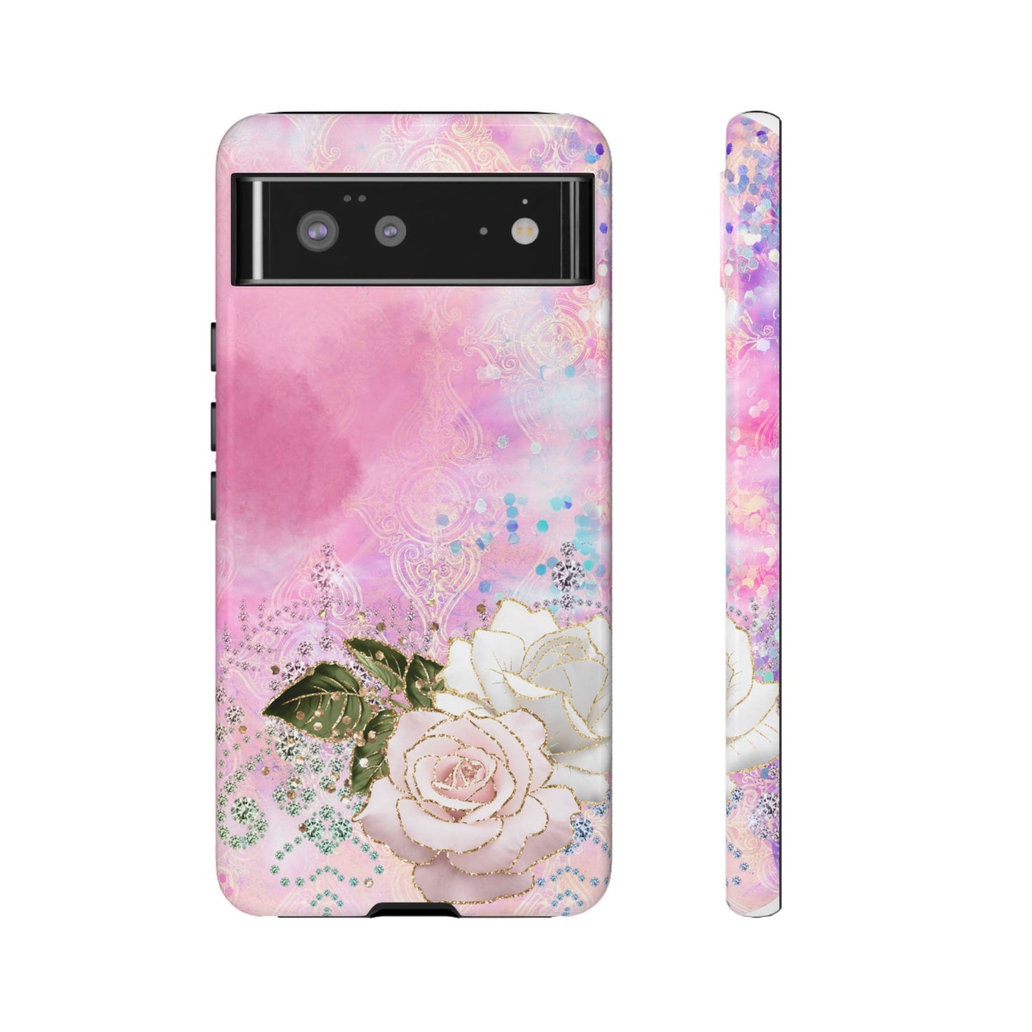 Luxury Pink & White Rose Glitter Mobile Case – Elegant & Shimmering Design