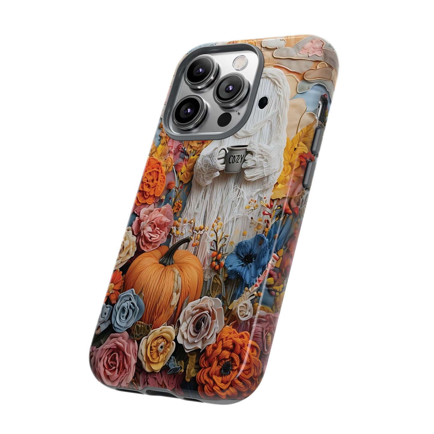 Colorful Whimsical Artwork of Ghost in Autumn Scene phone case design.