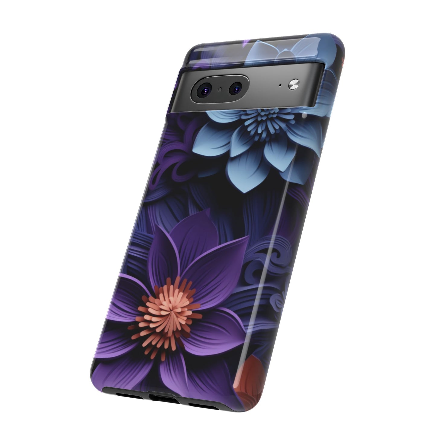 3D Floral Elegance Mobile Case – Midnight Blue & Purple Bloom