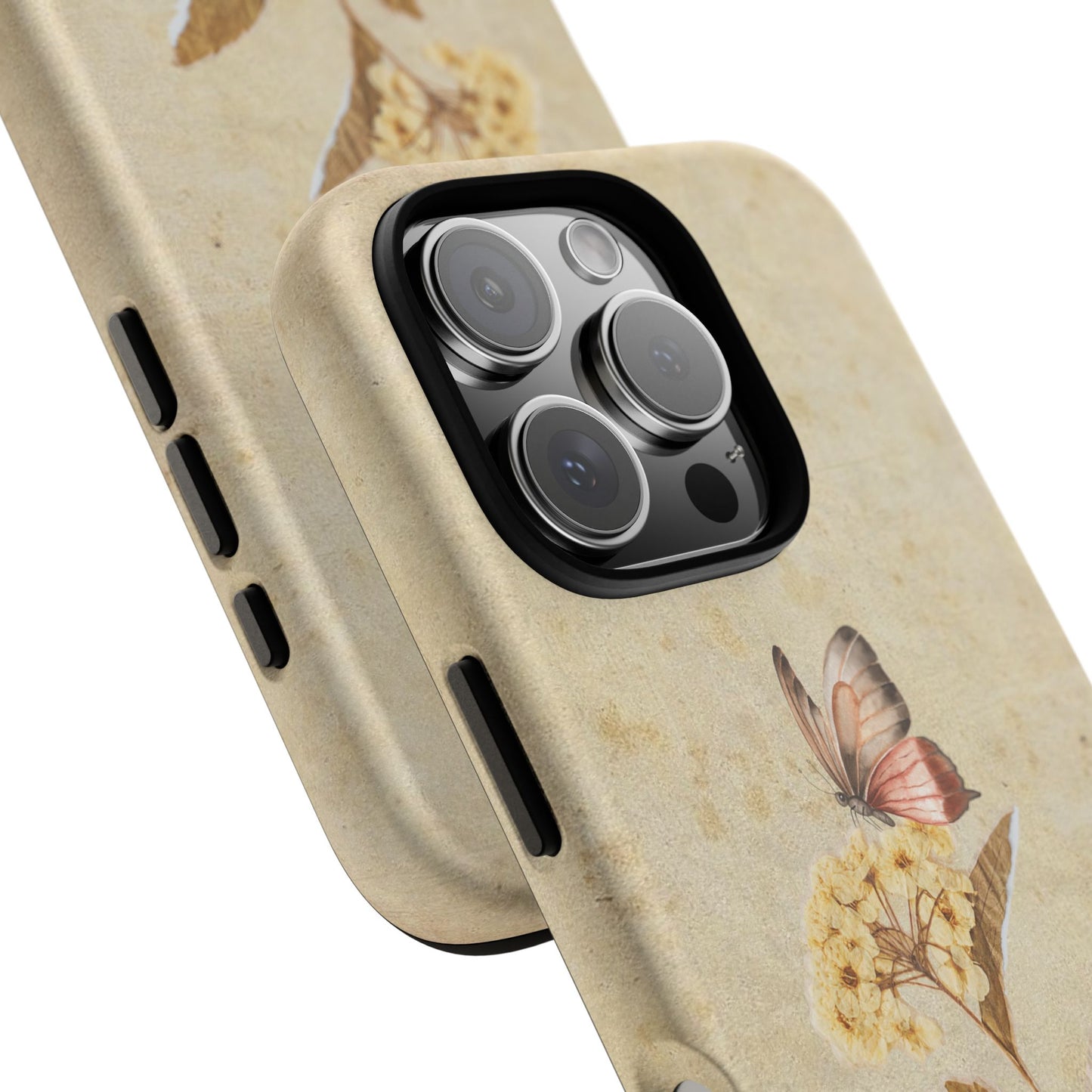 Minimal Vintage Floral Phone Case – Yellow Flower & Butterfly on Beige | For iPhone, Samsung & Google Pixel