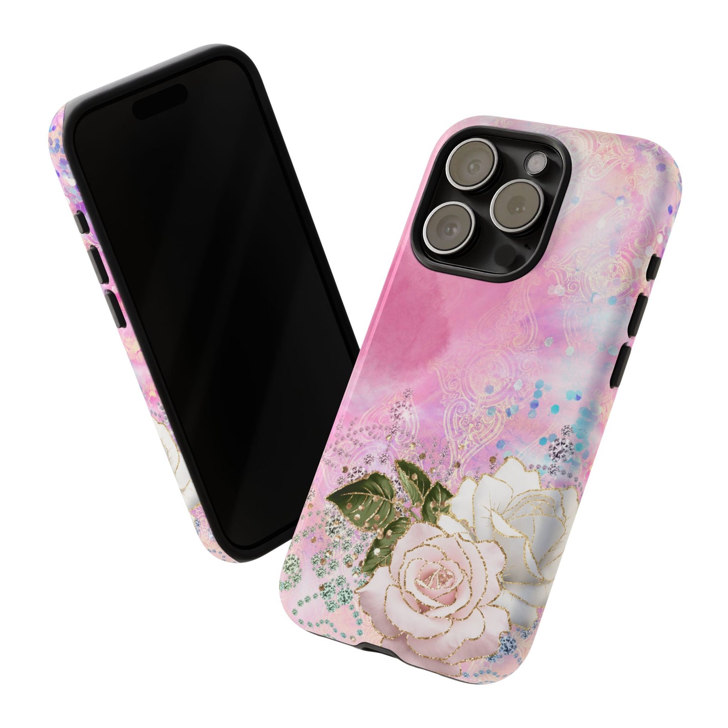 Luxury Pink & White Rose Glitter Mobile Case – Elegant & Shimmering Design