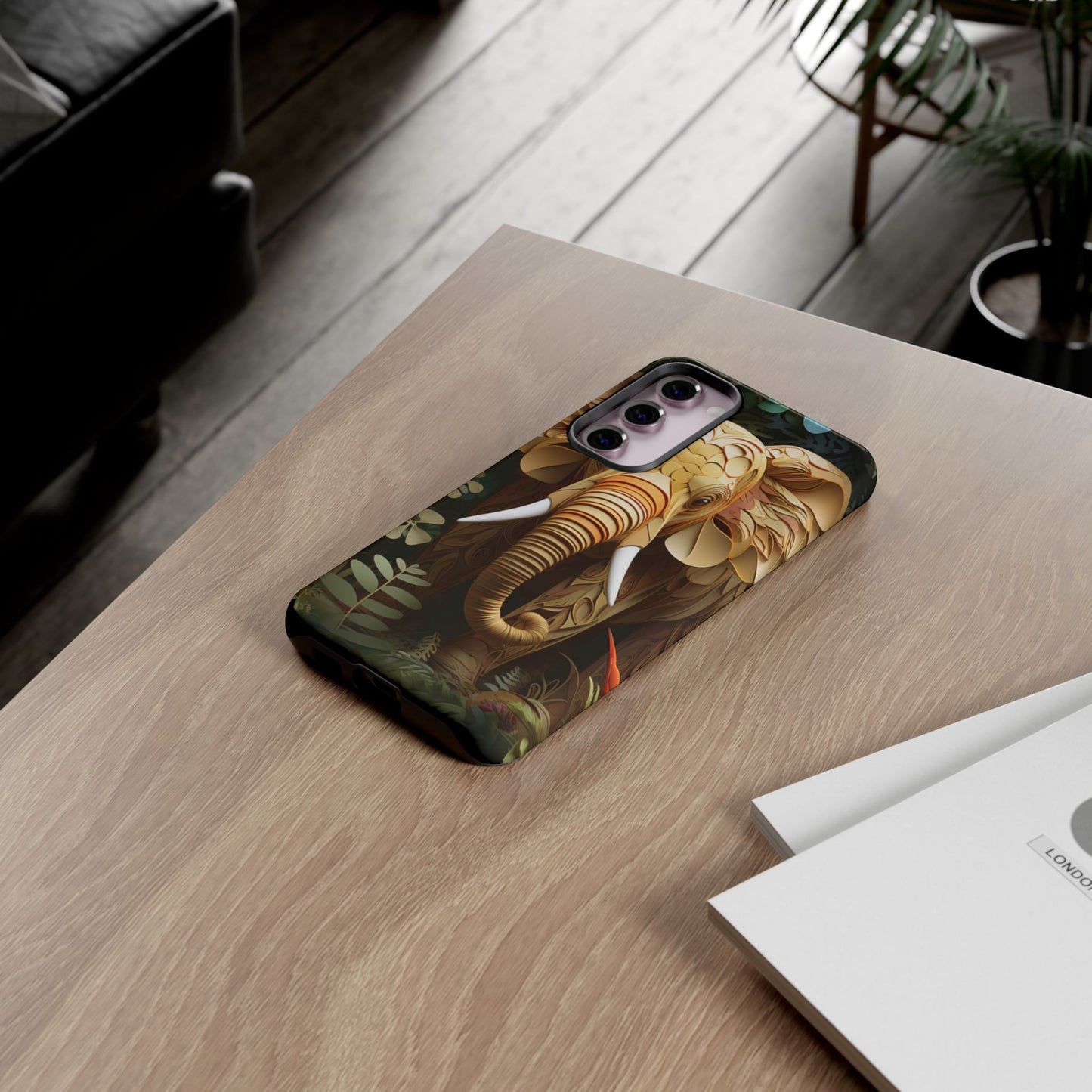 Golden Jungle Elephant Mobile Cover – Intricate Paper Art Design