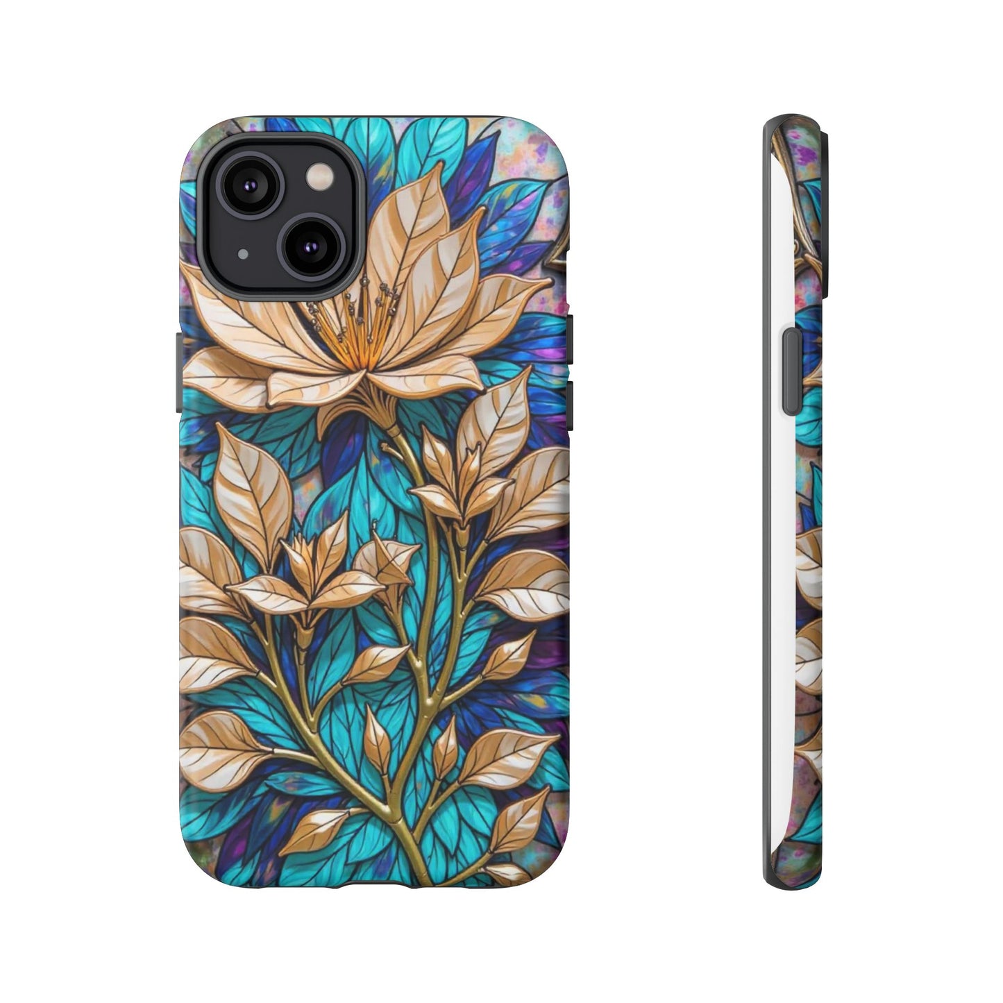 Majestic Golden Blossoms on Mosaic Blue Splendor