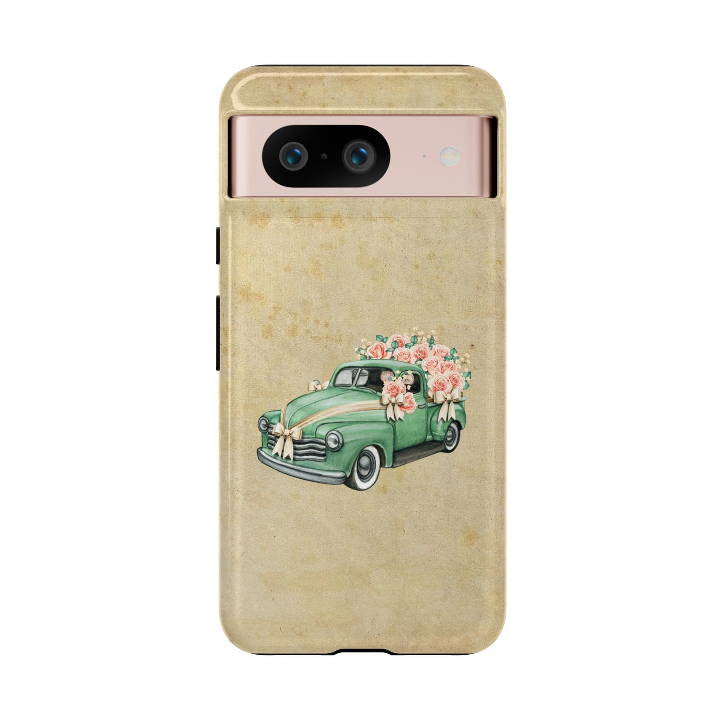 Minimal Vintage Floral Car Phone Case – Green Classic Car on Beige Background – for iPhone, Samsung & Google Pixel