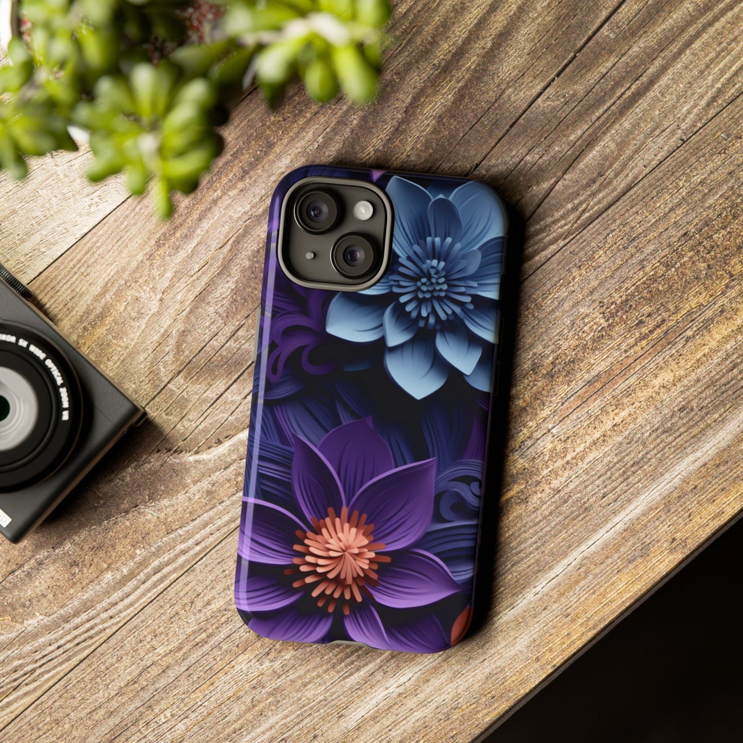 3D Floral Elegance Mobile Case – Midnight Blue & Purple Bloom